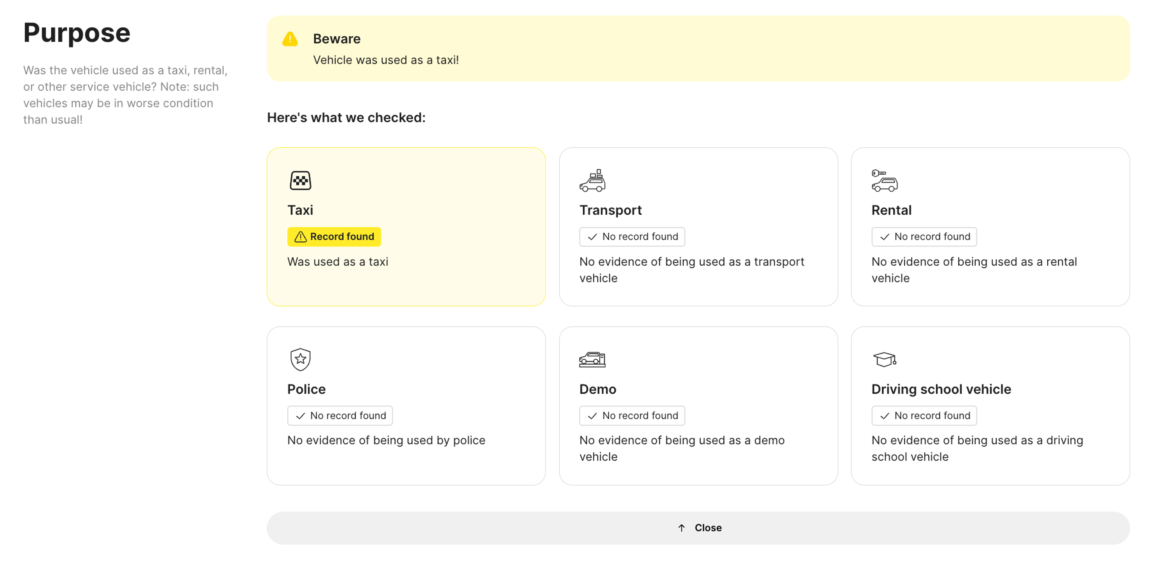 Laying out the Purpose (usage) section in a carVertical report