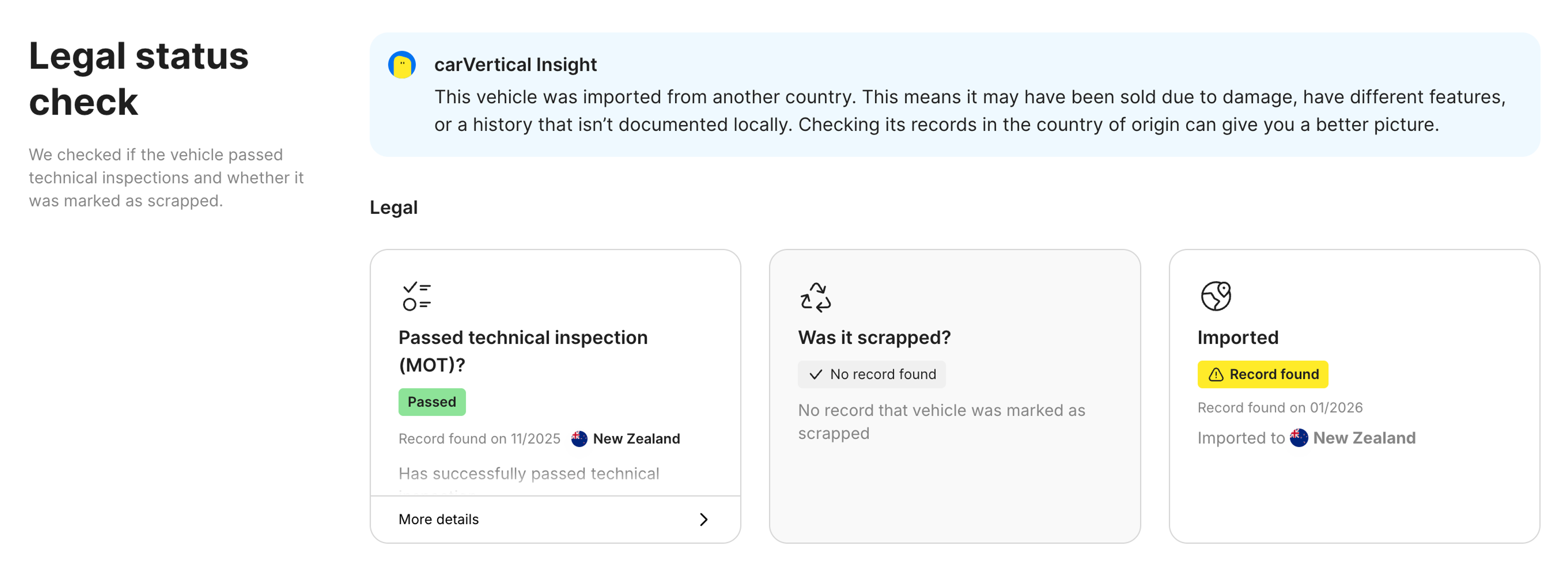 A record indicating that the vehicle was imported to New Zealand