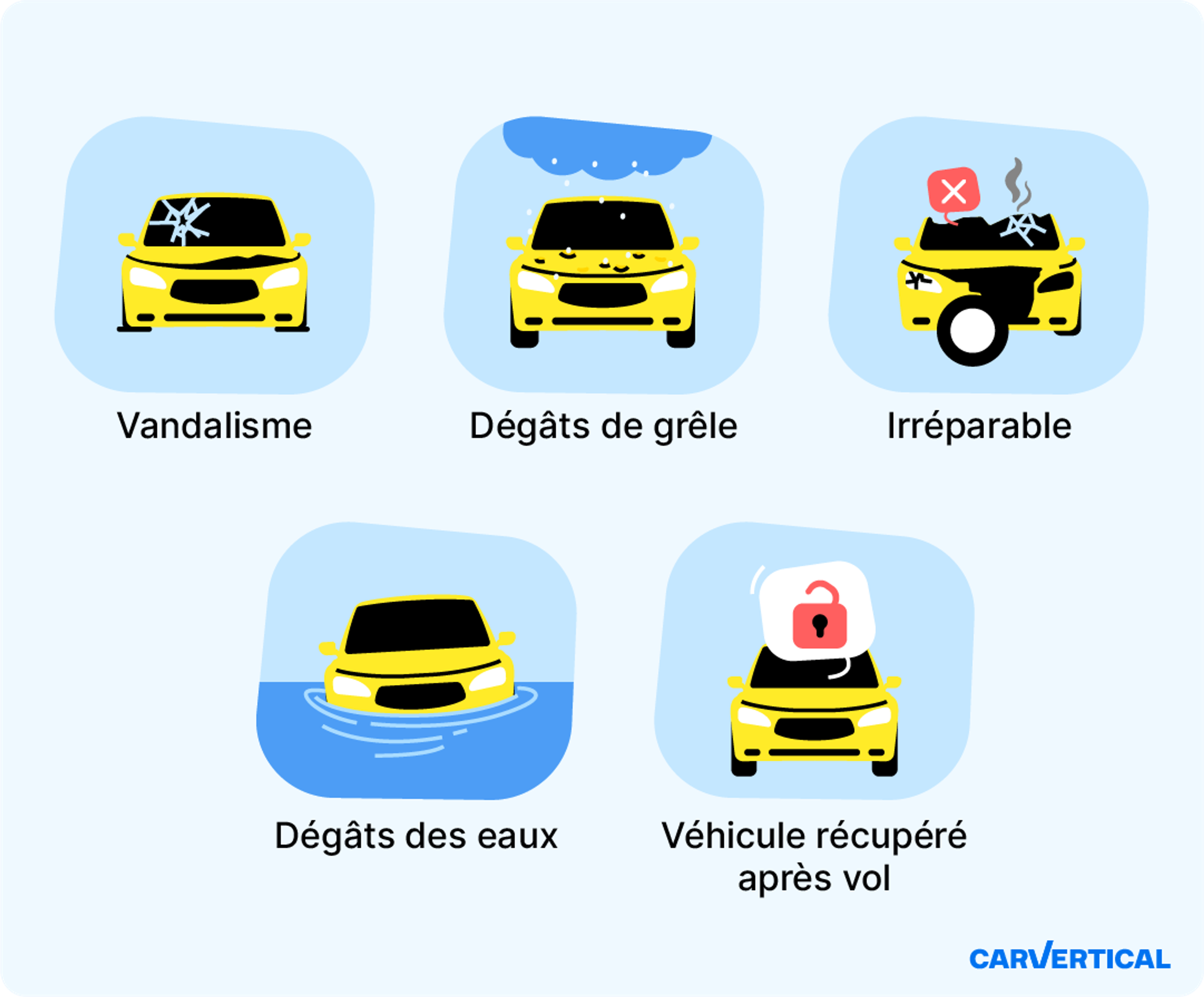 Types de dommages listés dans un rapport carVertical