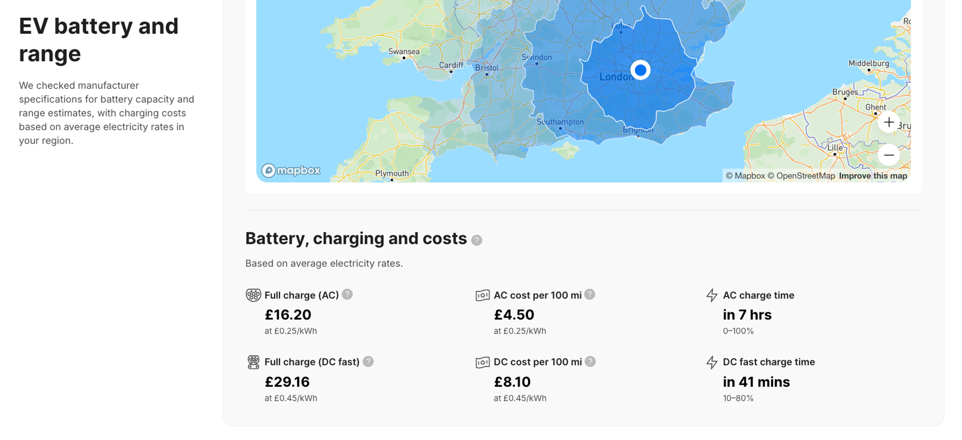 EV charging time and cost estimates in the vehicle report