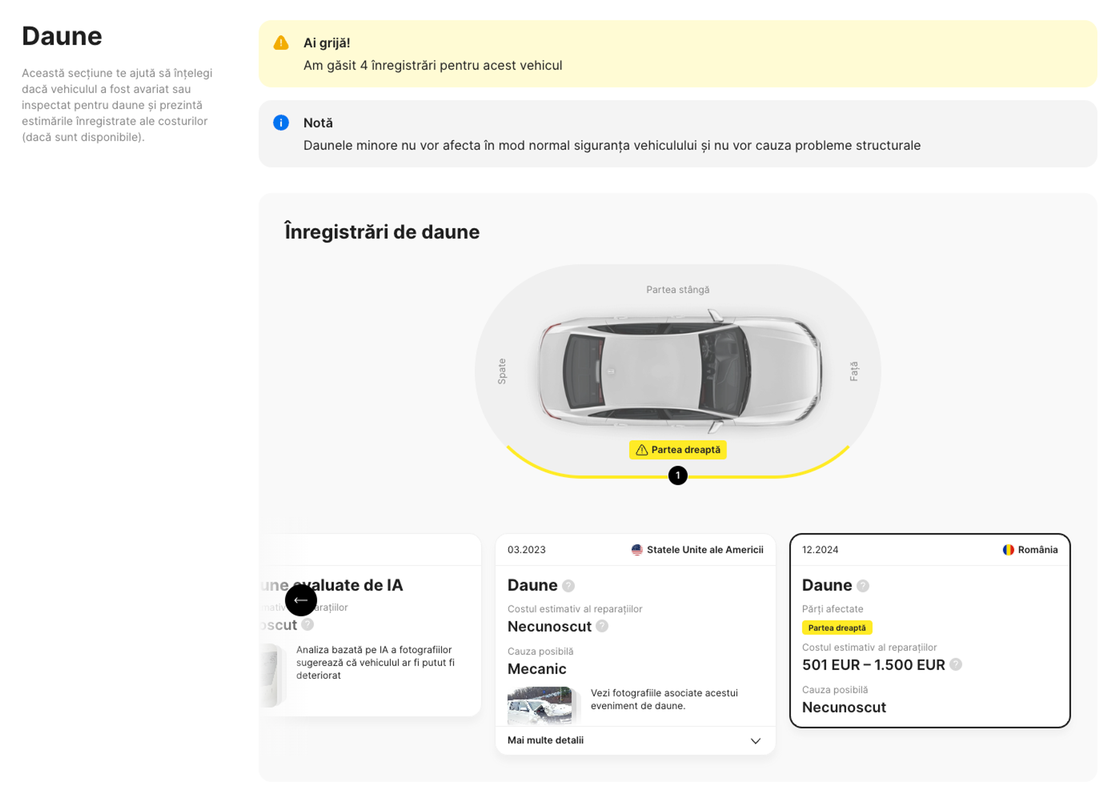 Înregistrări ale daunelor dintr-un raport de istoric carVertical