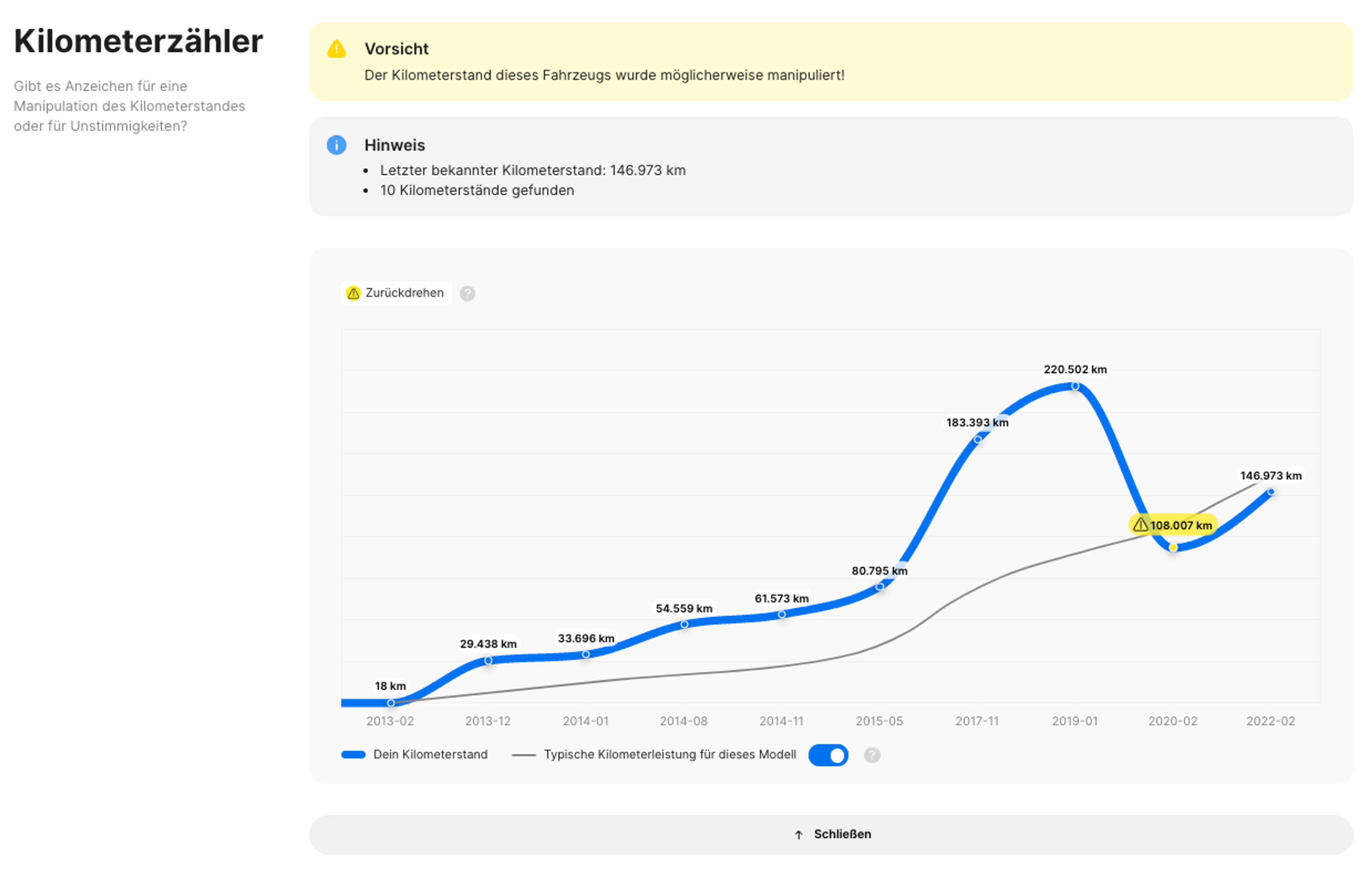 Zurücksetzen des Kilometerstands in einem Verlaufsbericht