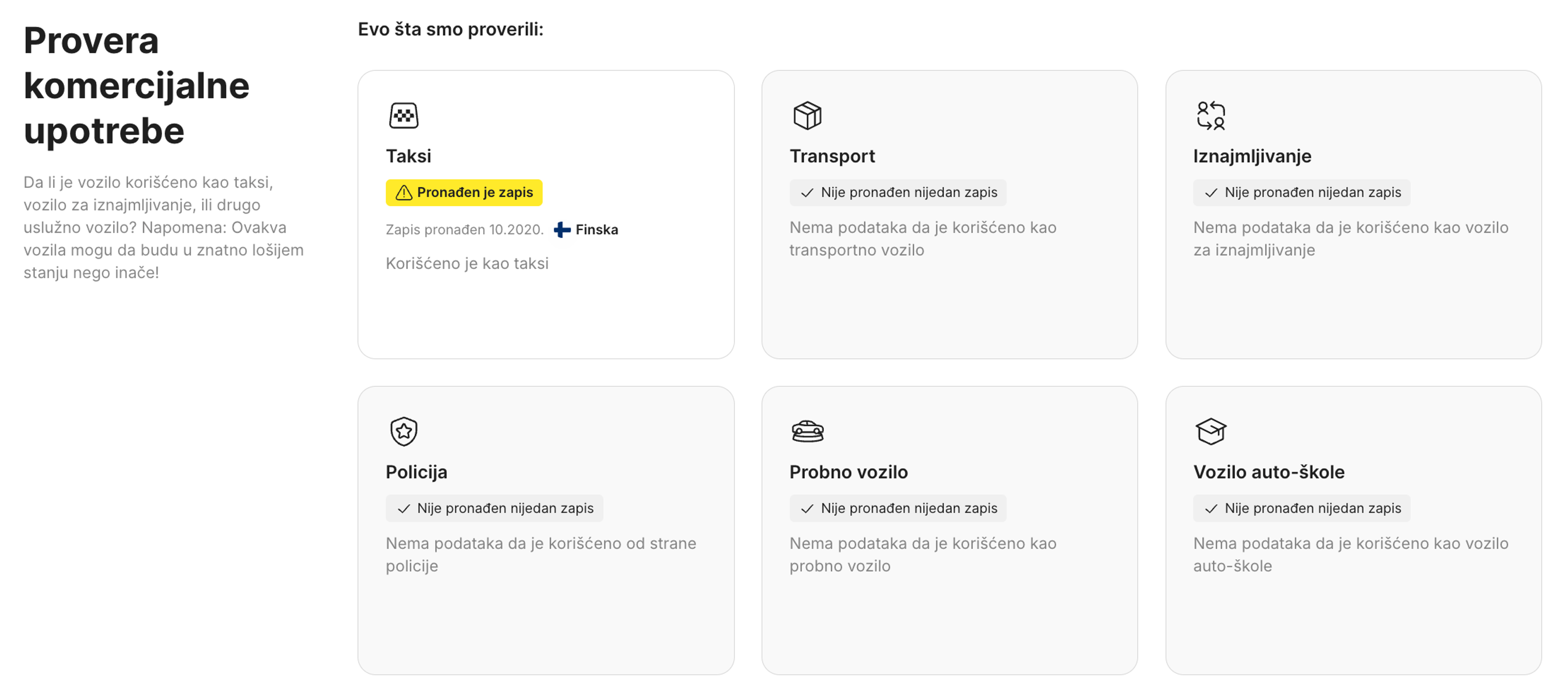 Prikaz odeljka Namena (način upotrebe) u carVertical izveštaju