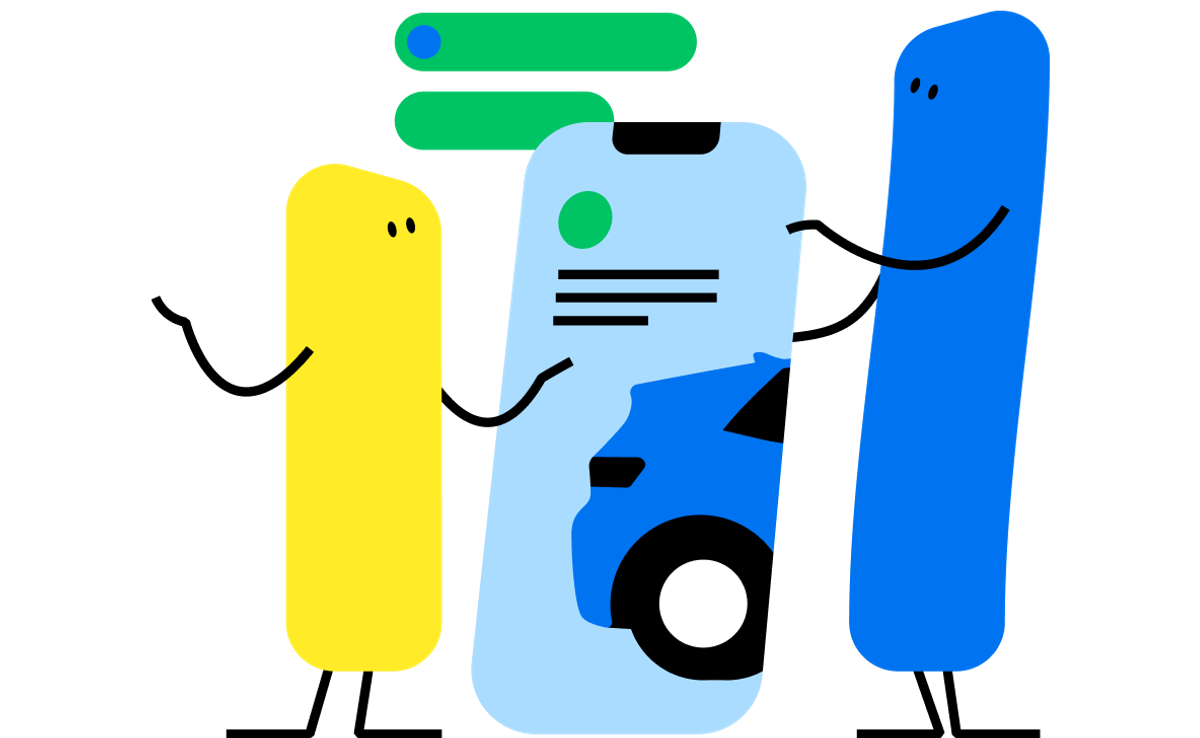 Two mascots and a phone with visible car information