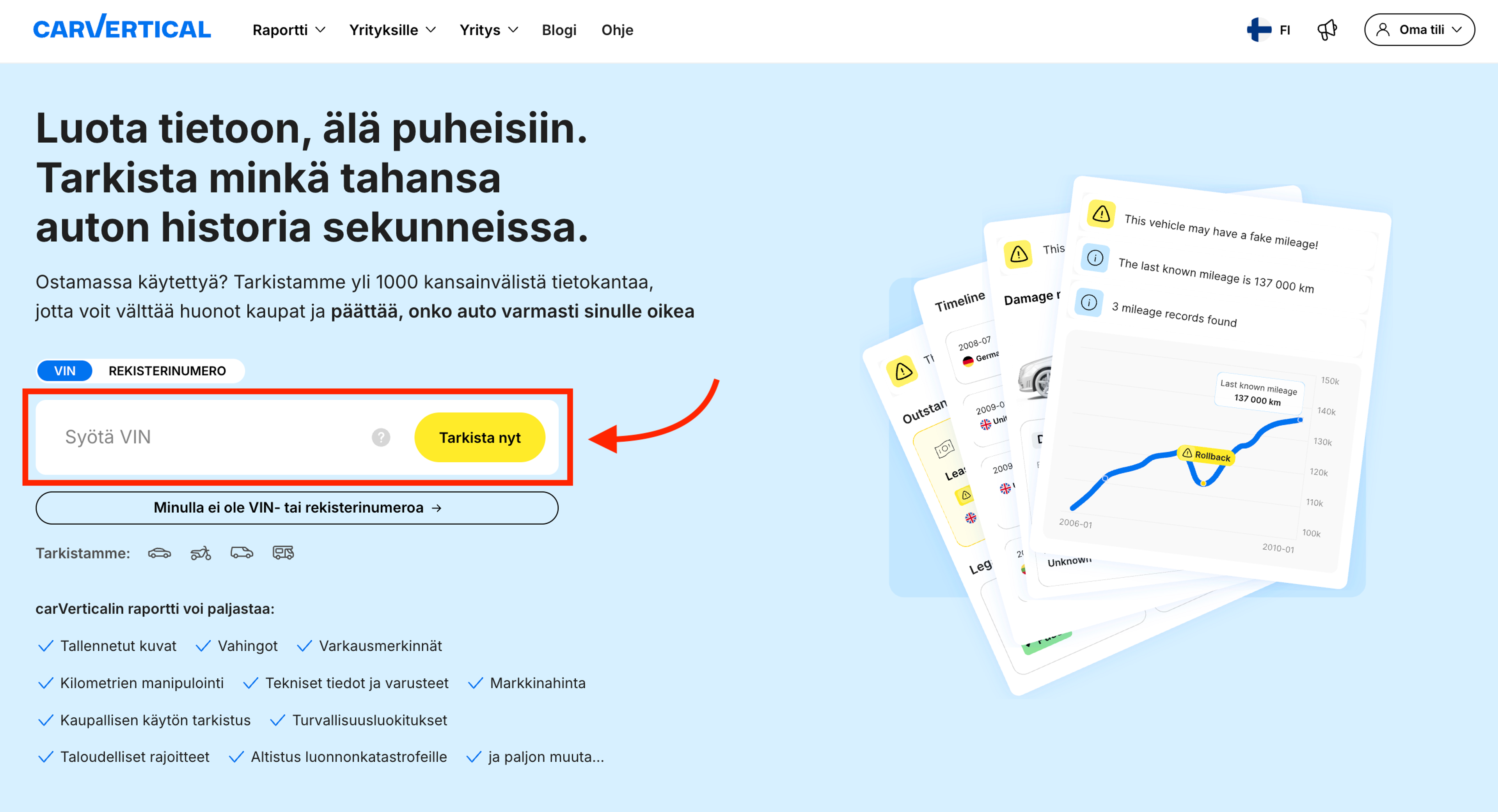 VIN-koodin syöttökenttä carVertical-sivustolla
