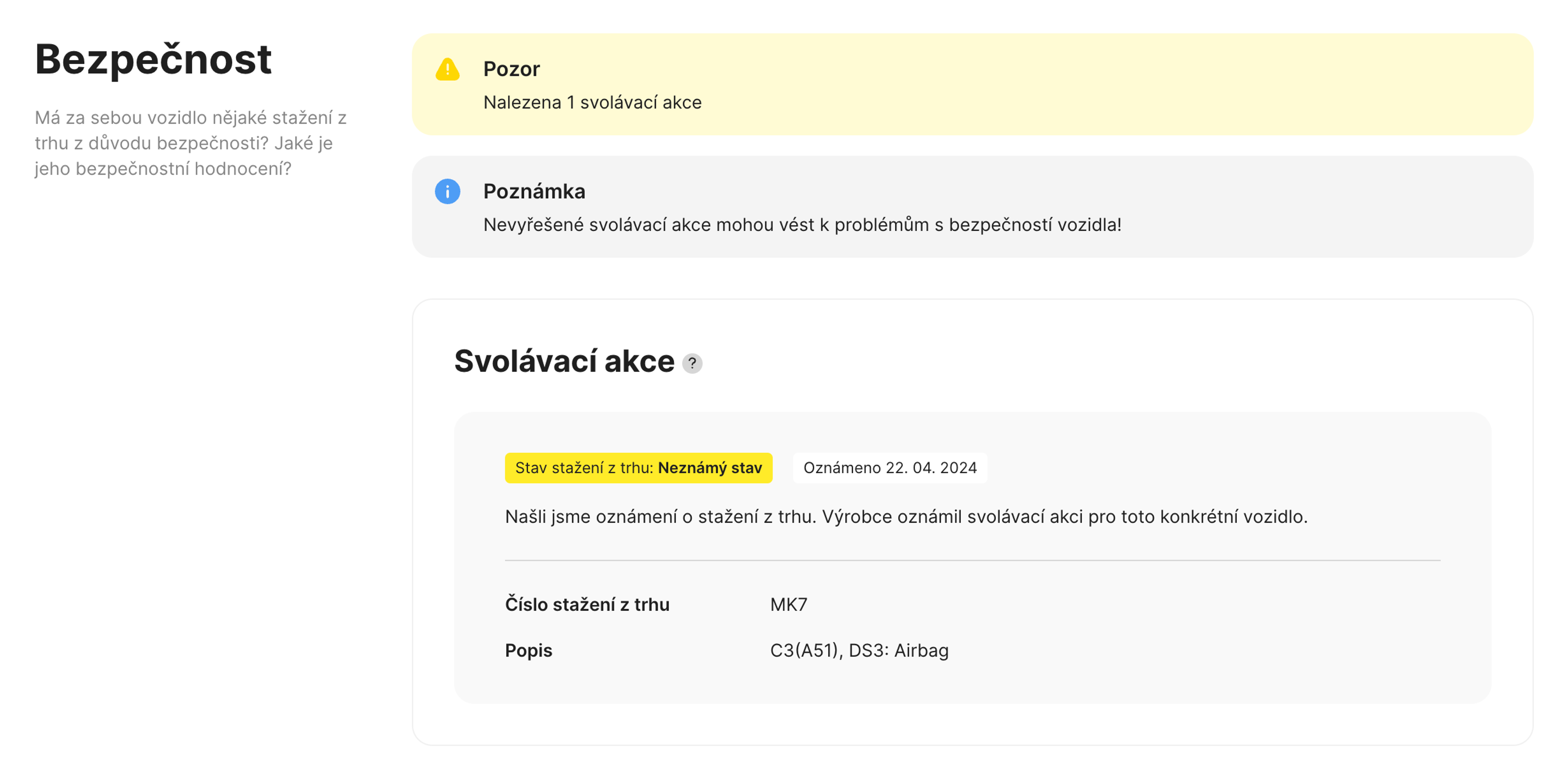 Vyvolání v přehledu carVertical