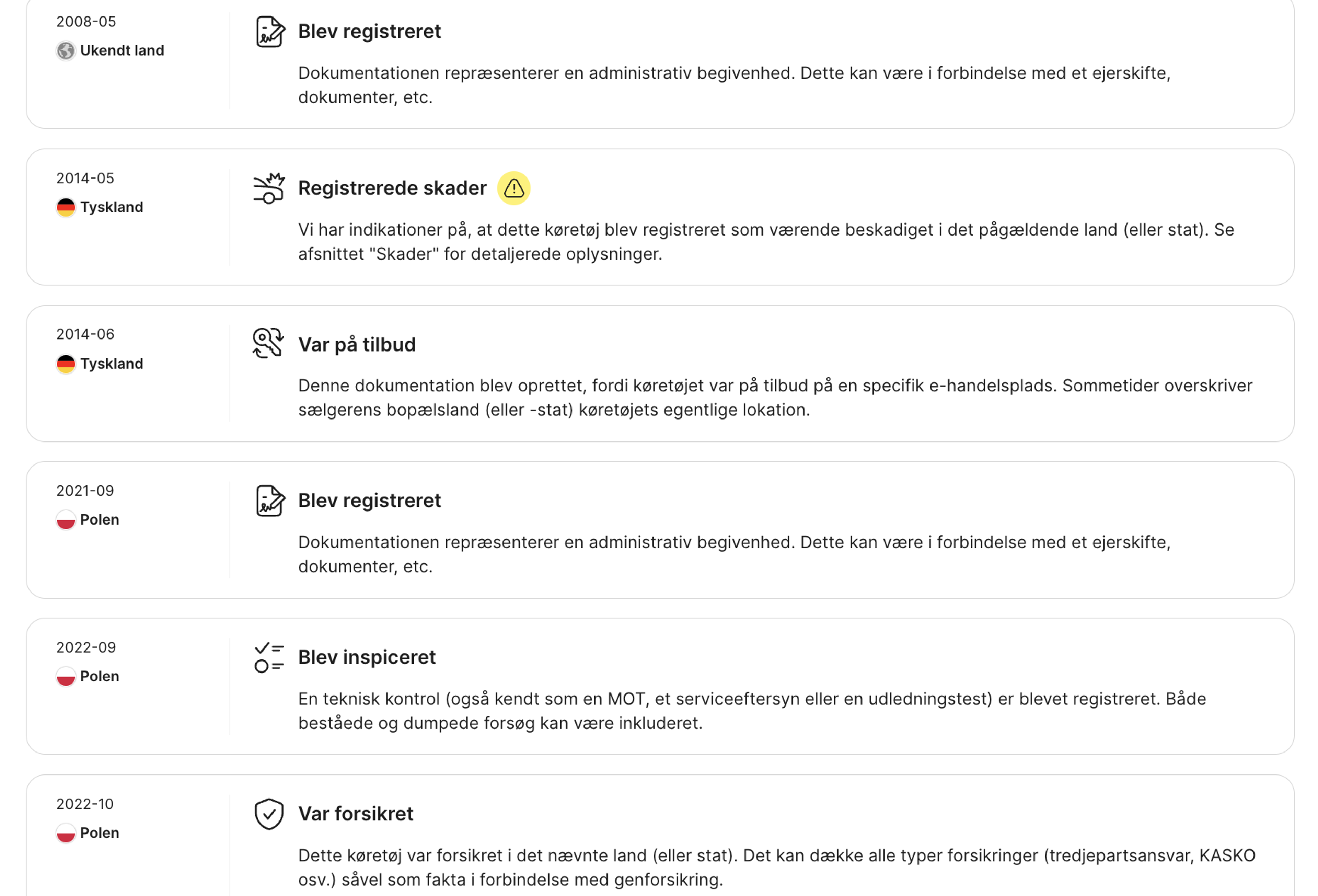 optegnelser fundet i et tidslinjeafsnit af carVertical-rapporten