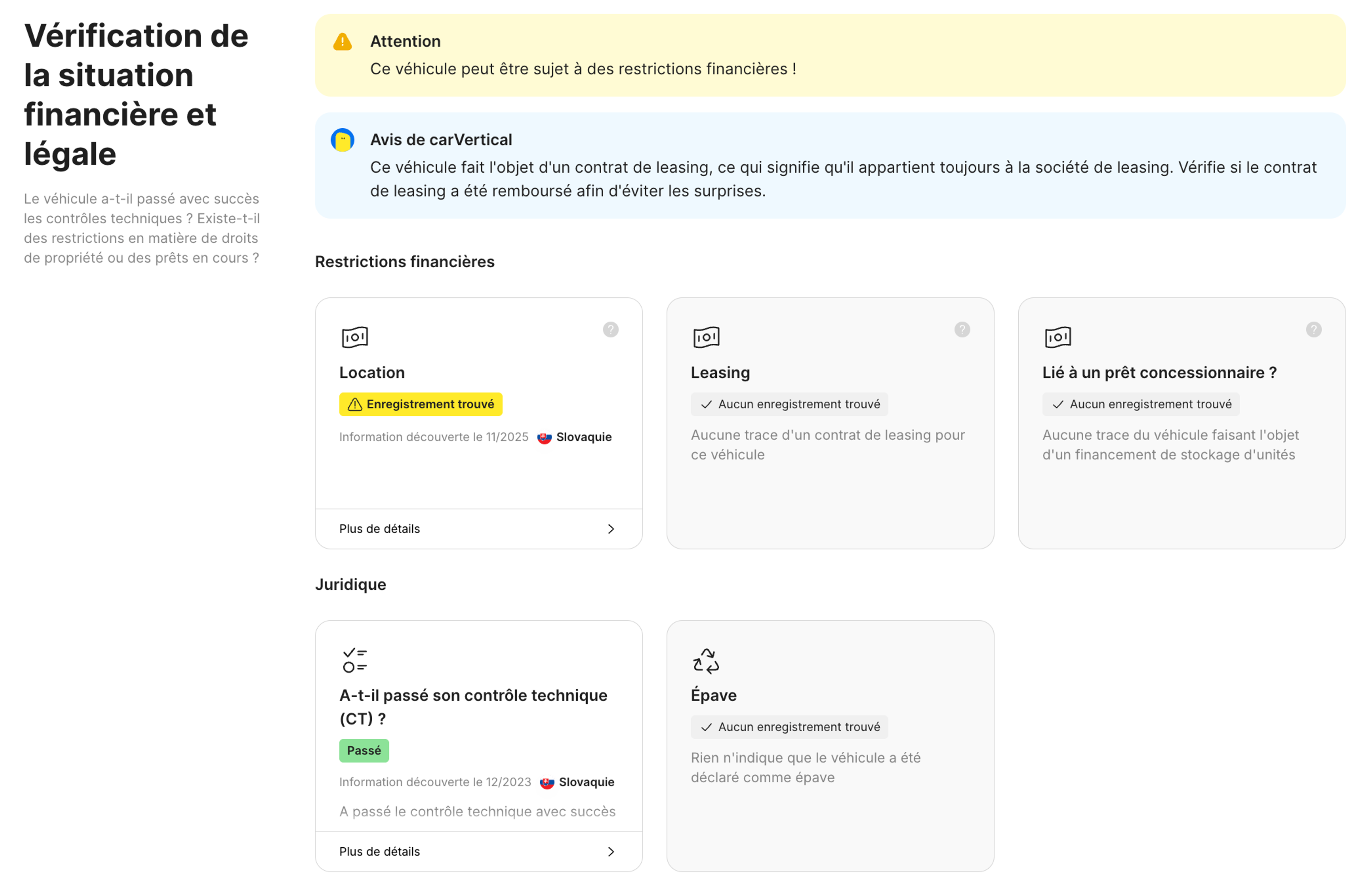 statut juridique et financier dans le rapport carVertical