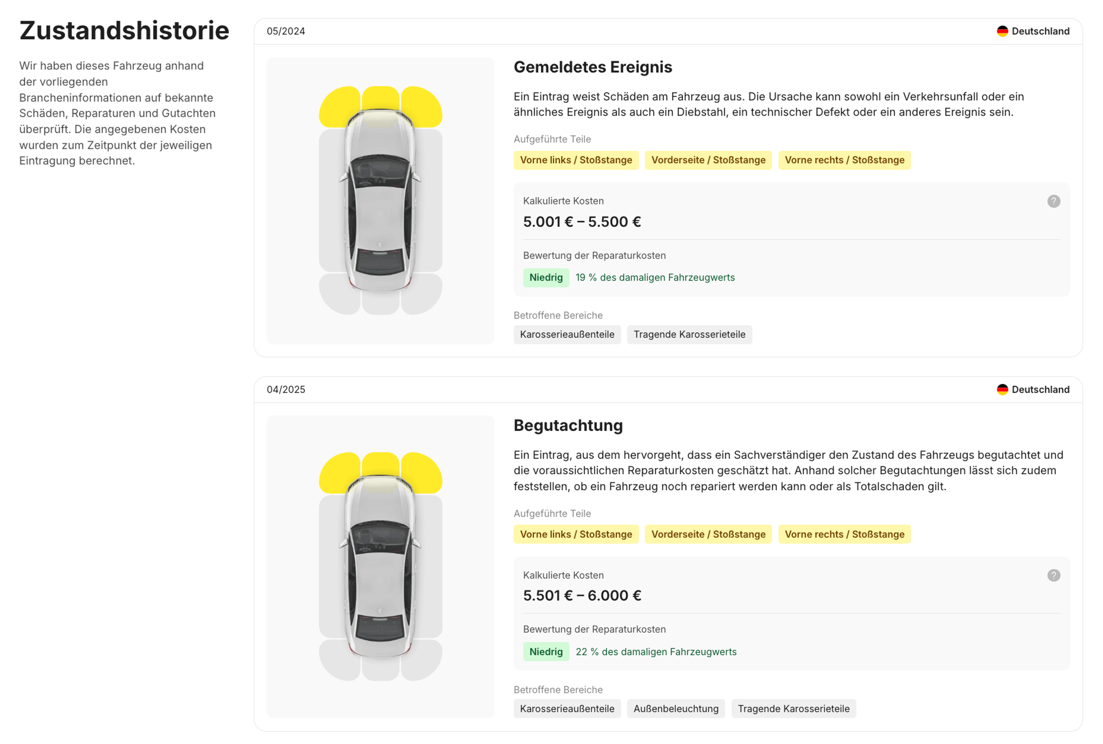Dokumentierte Schäden in der Fahrzeughistorie eines Autos