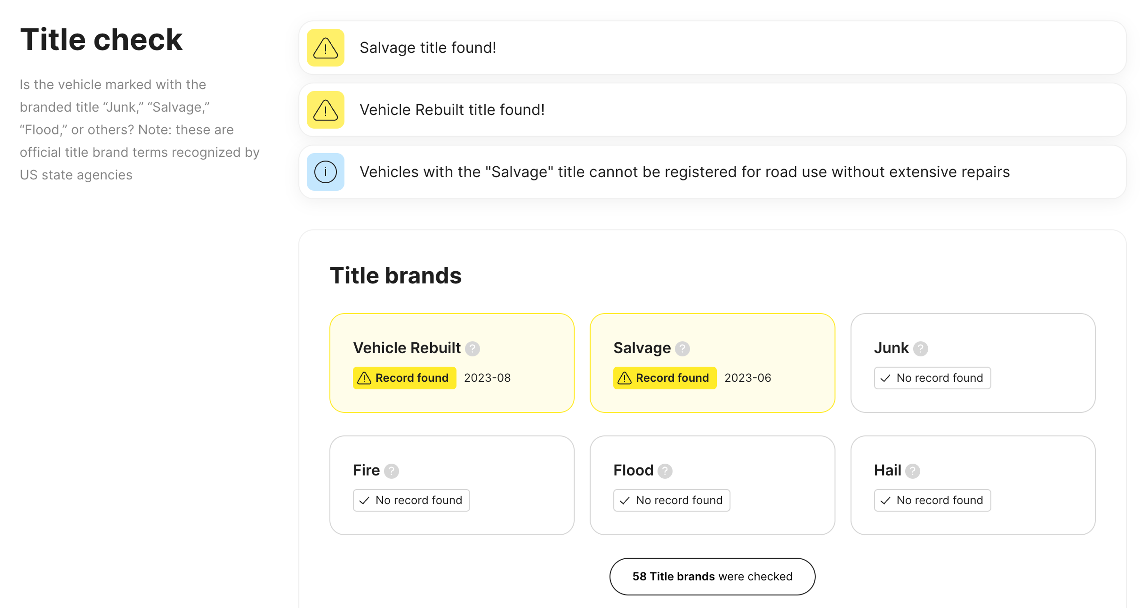 Salvage and rebuilt titles found in carVertical vehicle history report