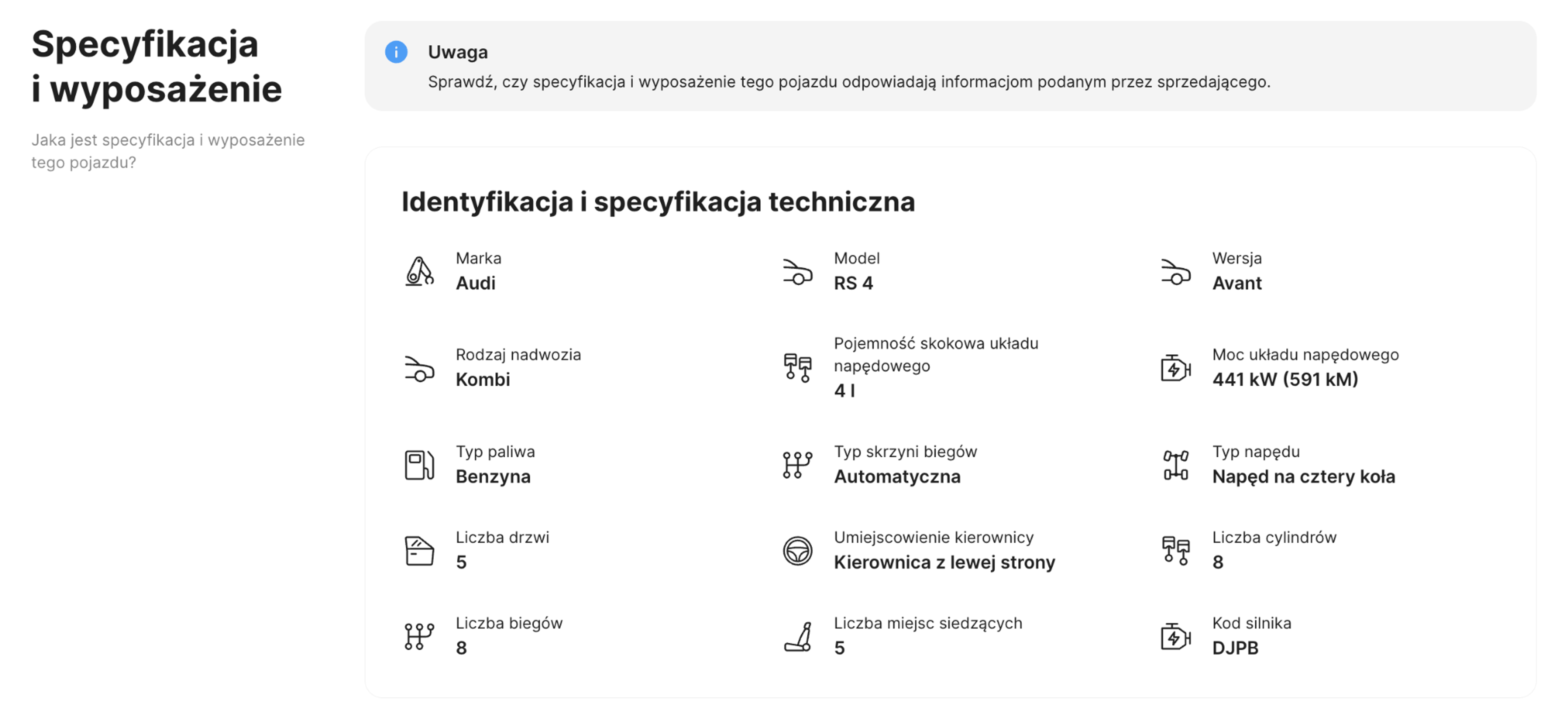 Sekcja specyfikacji i wyposażenia w raporcie carVertical