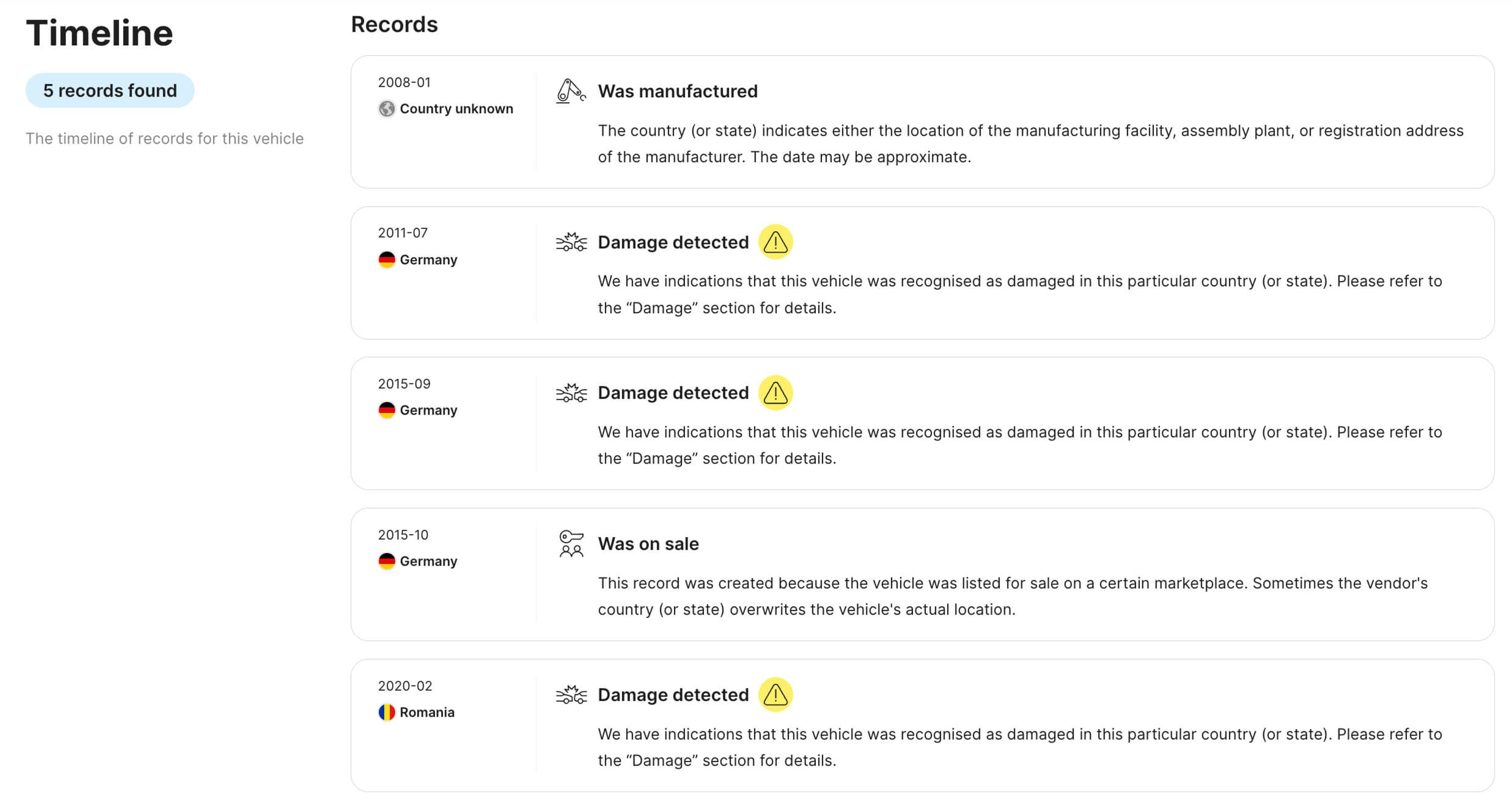 Records in a vehicle report