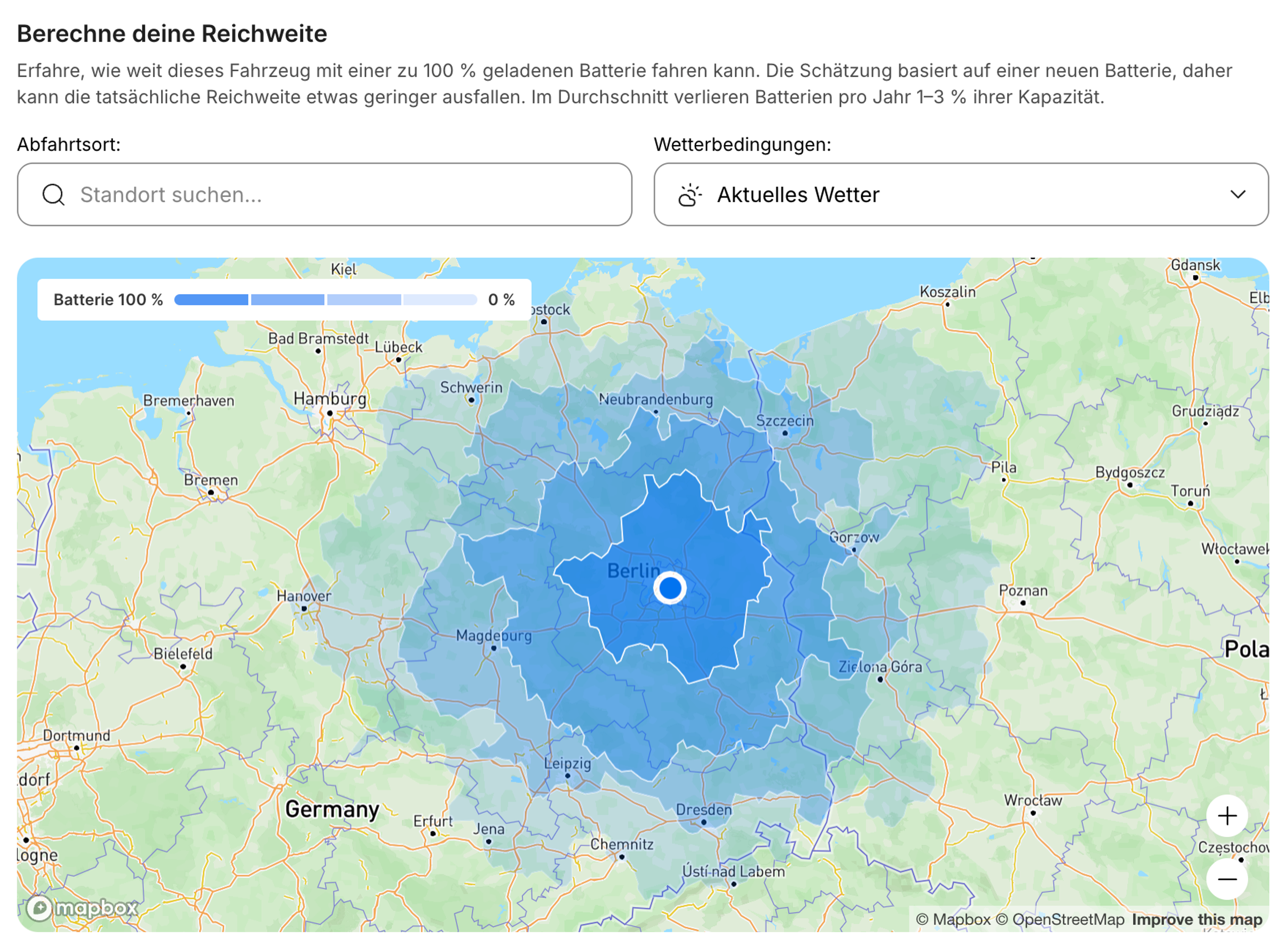 Interaktive Reichweitenkarte für Elektrofahrzeuge mit Anzeige der geschätzten Fahrstrecke.