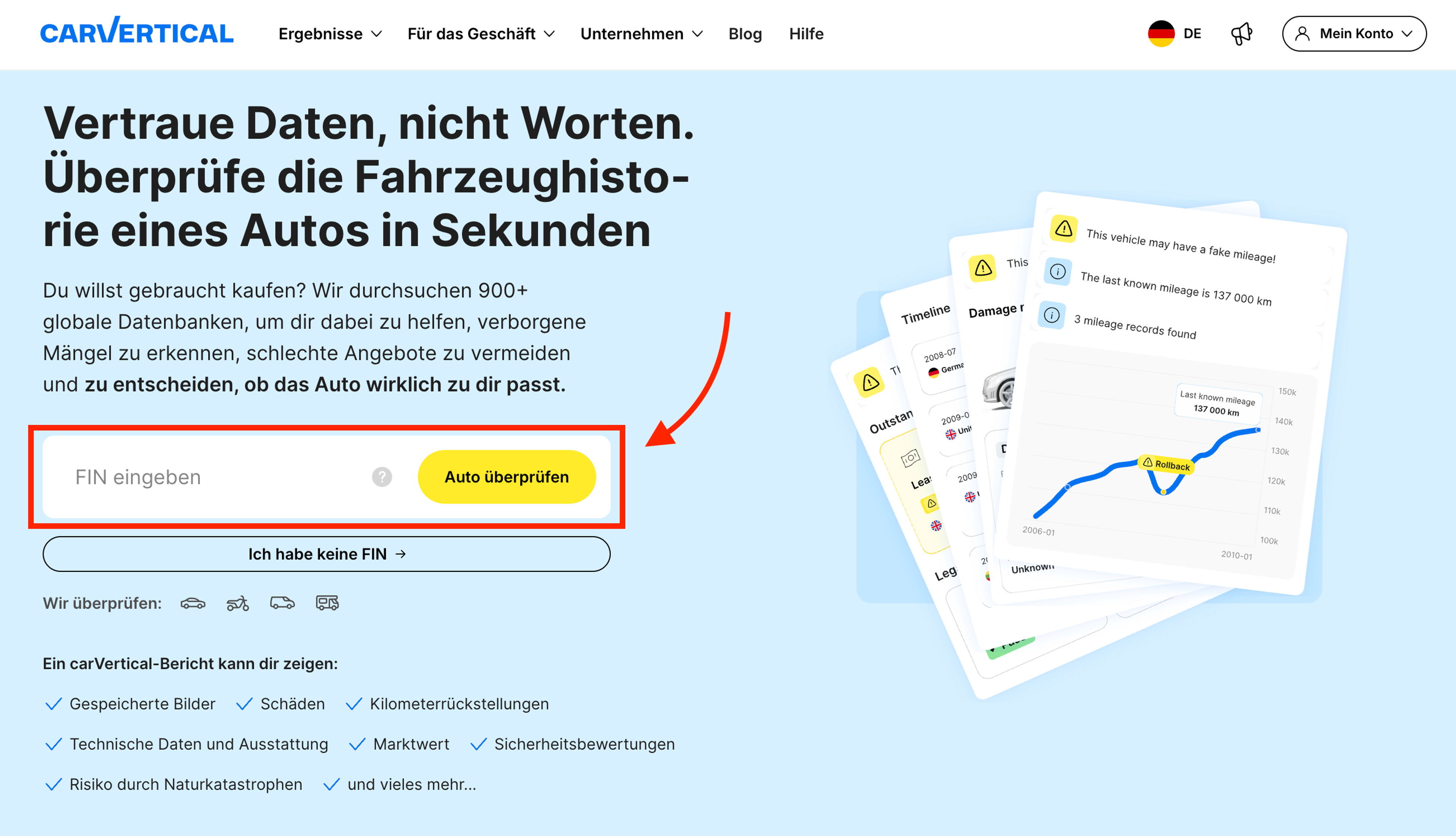 FIN-Eingabefeld auf der carVertical-Website