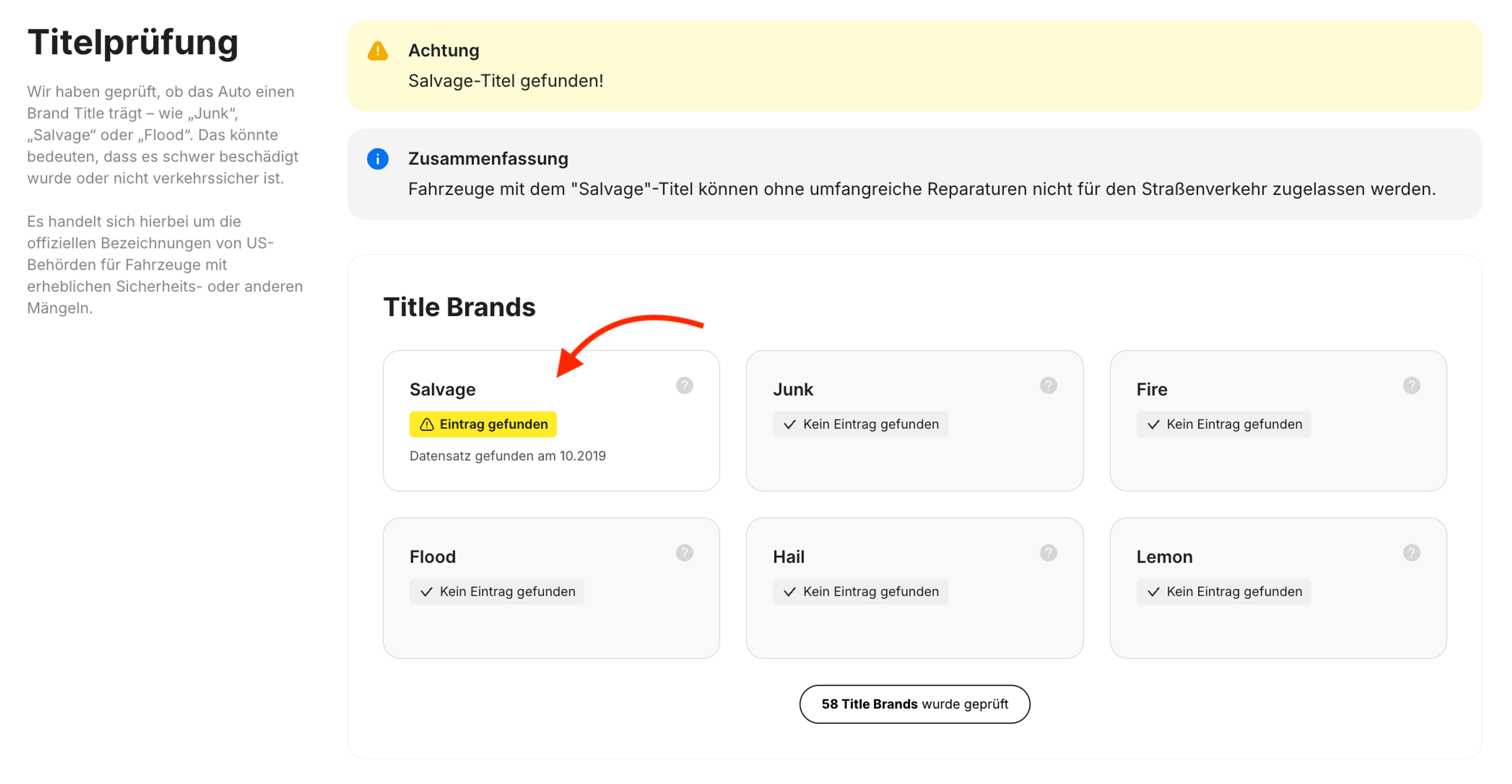 Salvage-Titel im Abschnitt „Titelprüfung" eines carVertical-Berichts zur Fahrzeughistori