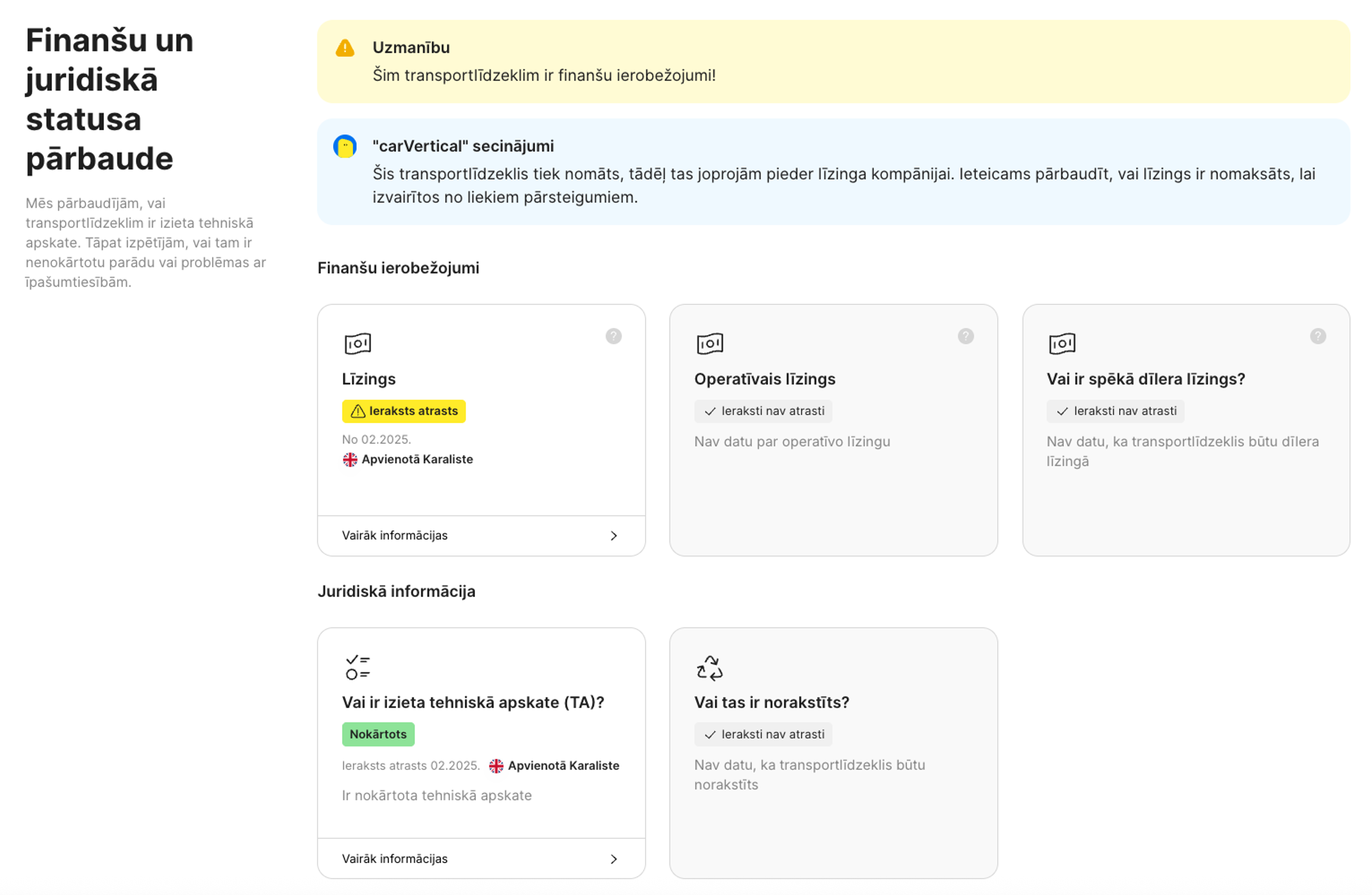 Finansiālā un juridiskā statusa funkcija carVertical pārskatā