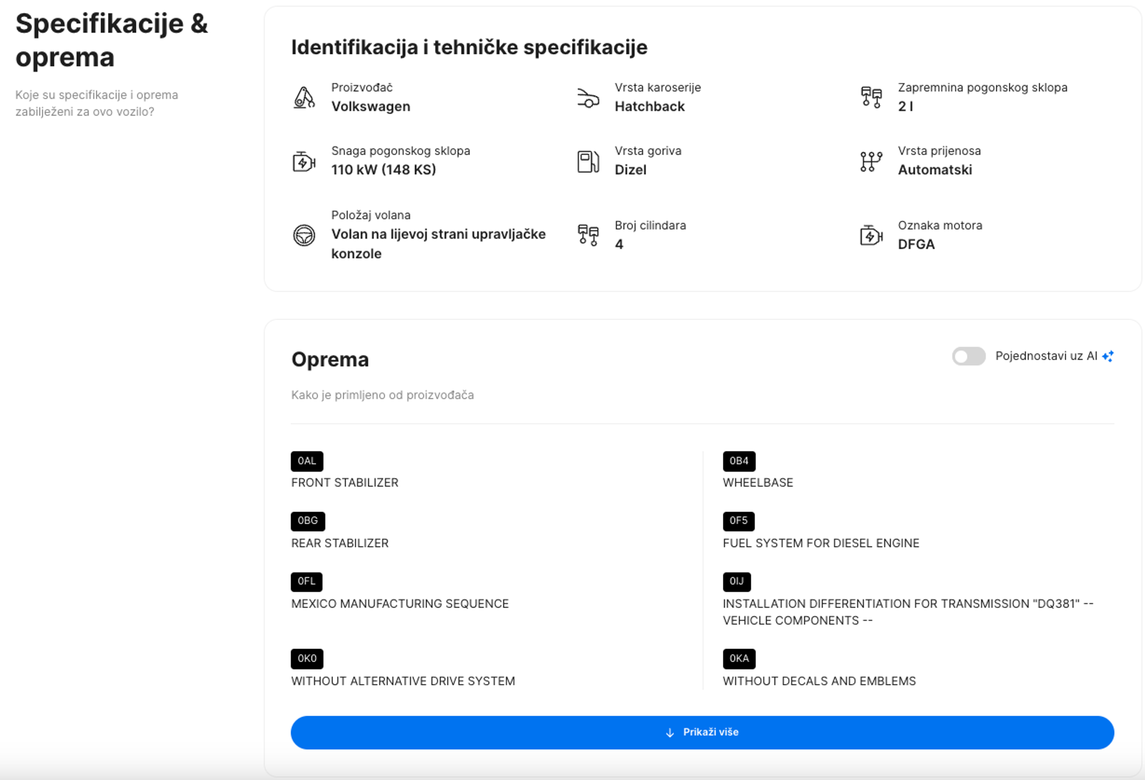 Odjeljak Specifikacije i oprema u carVertical izvješću
