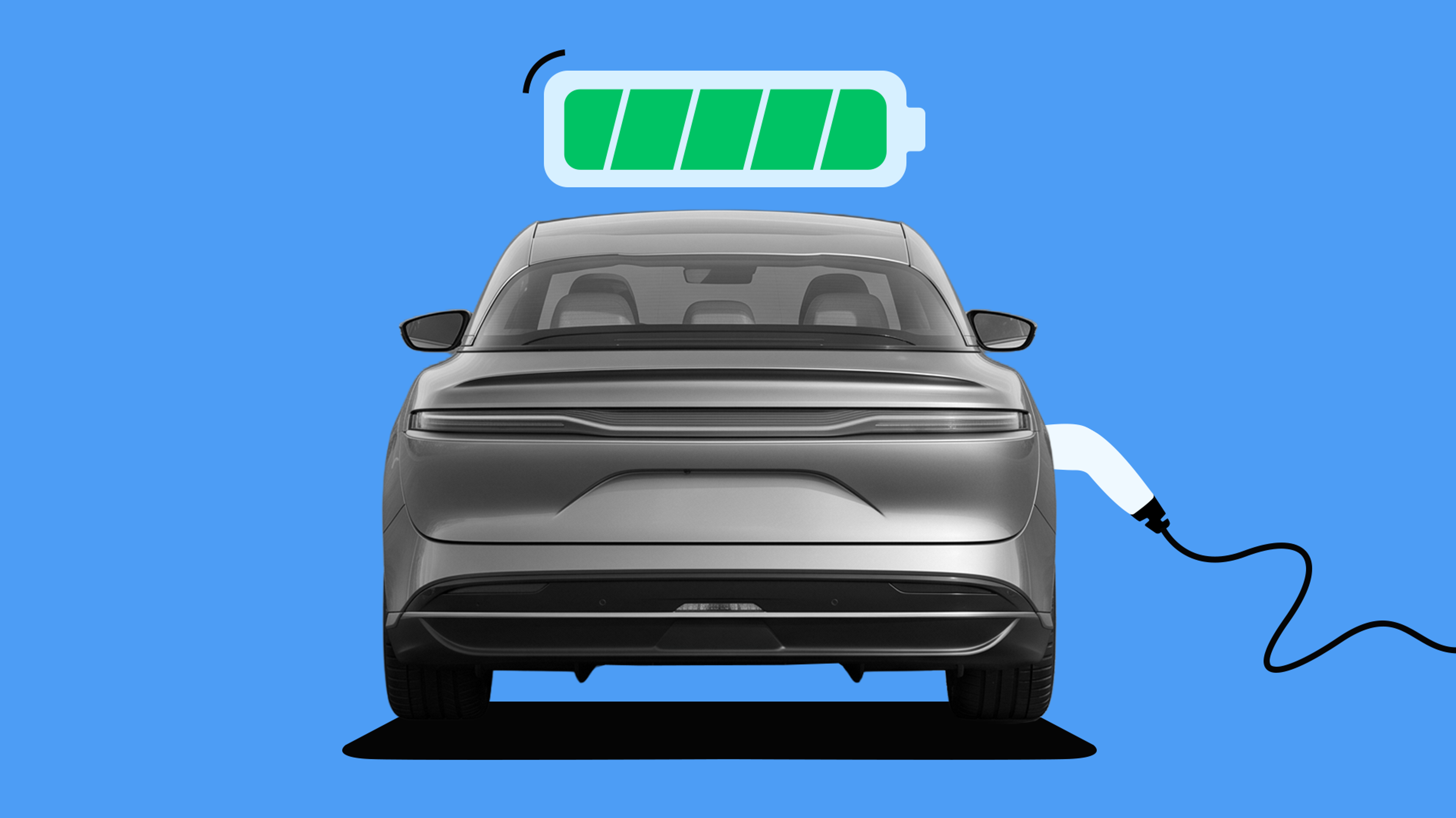 An electric car being charged with a battery icon on top
