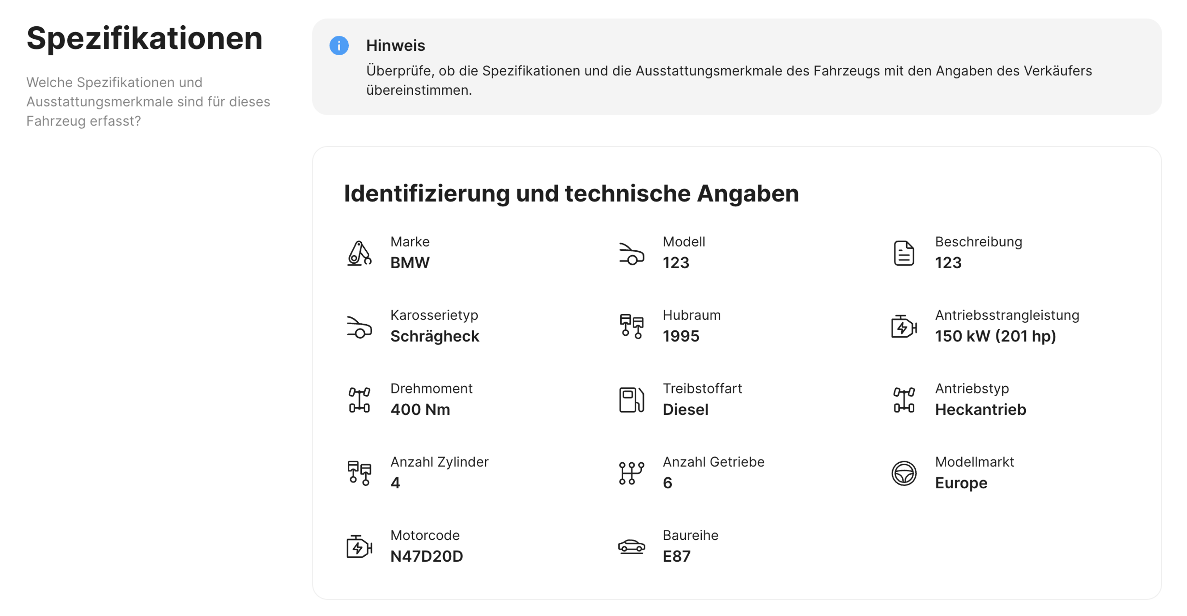 Fahrzeugdaten in einem carVertical-Bericht zur Fahrzeughistorie