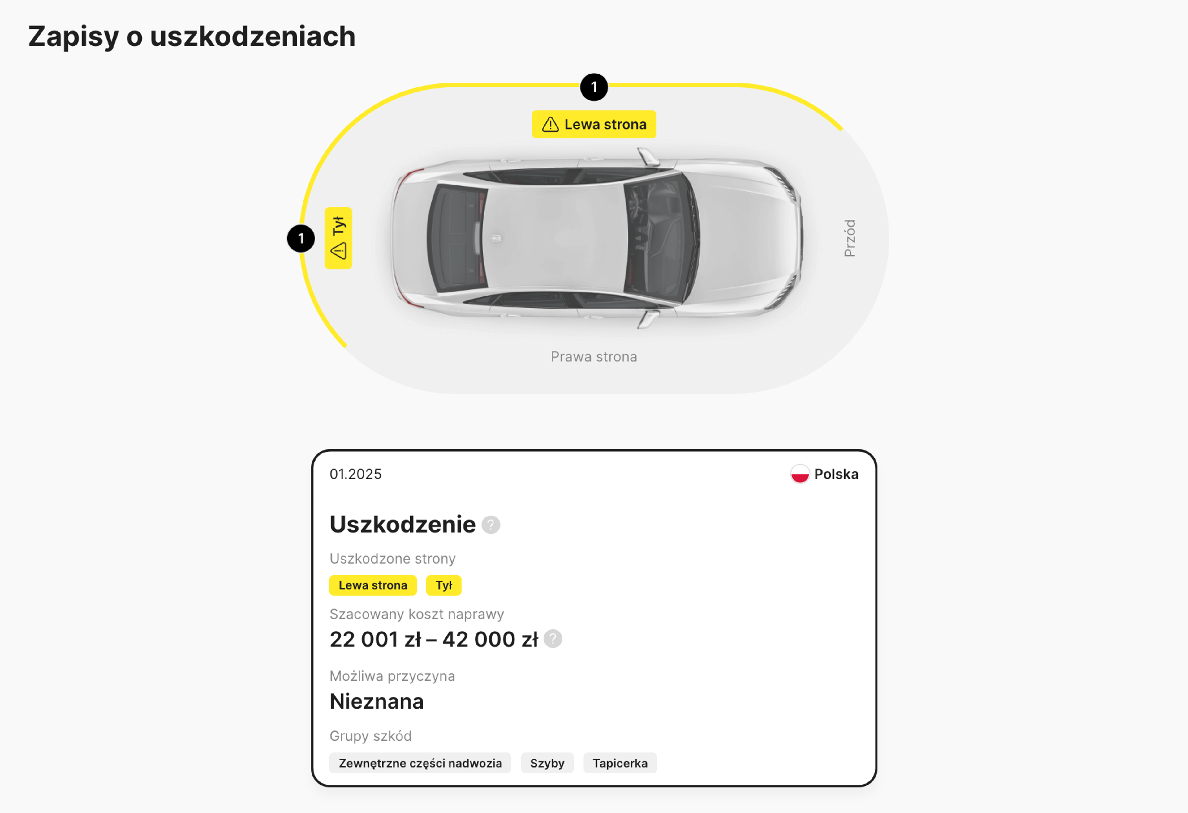 Historia uszkodzeń w raporcie carVertical