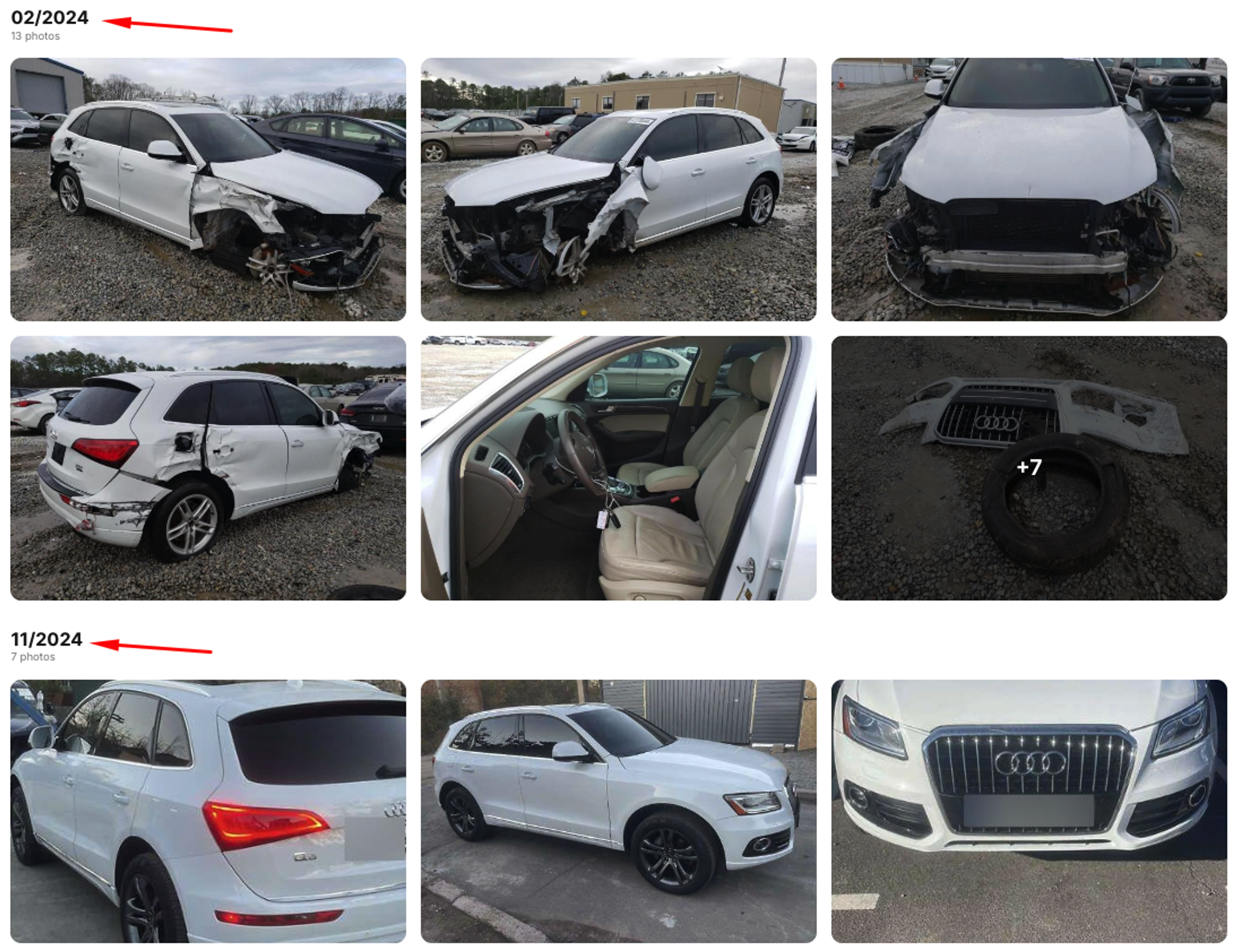 damaged Audi Q5 photo record from carVertical report showing chronological damage