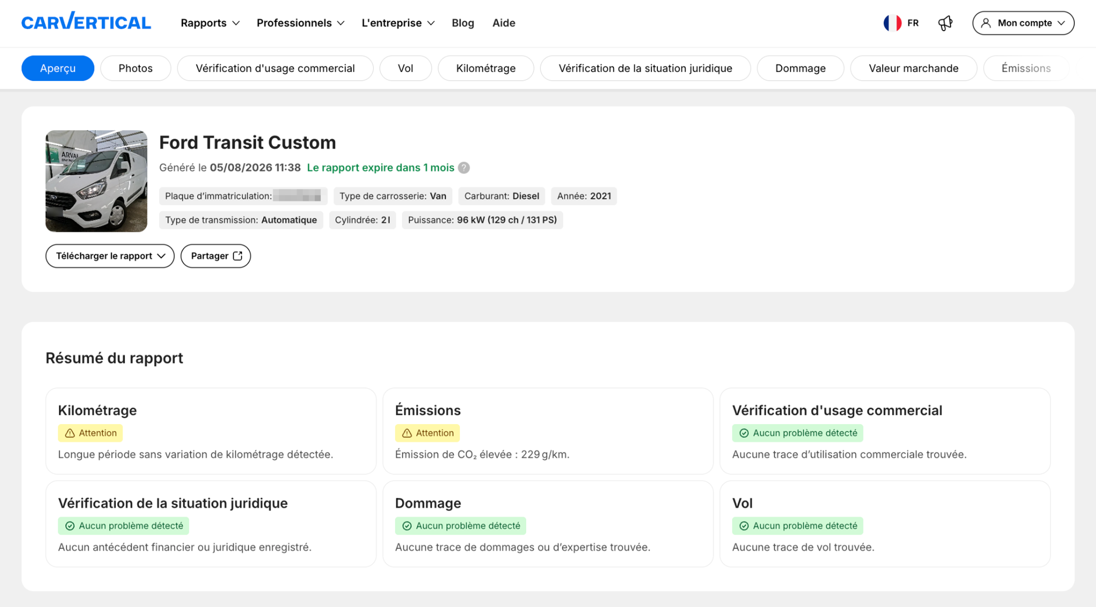 Sommaire d’un rapport carVertical