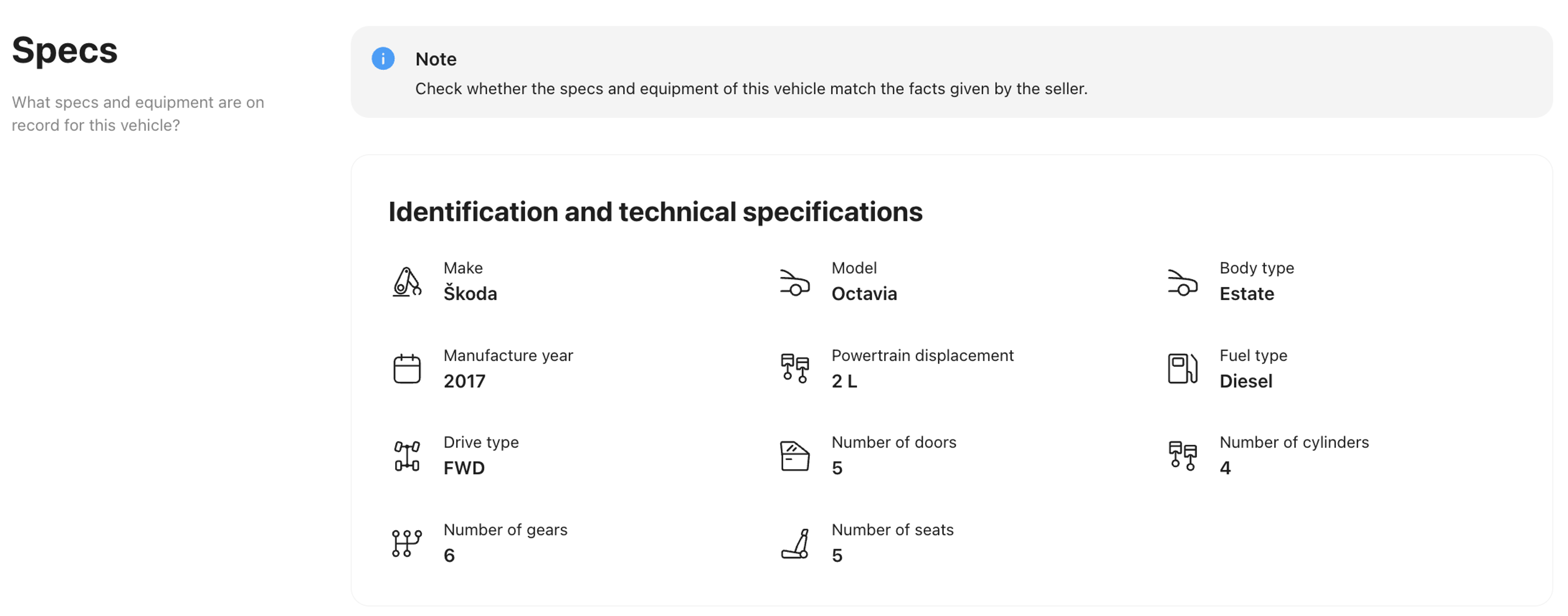 specs in carVertical report