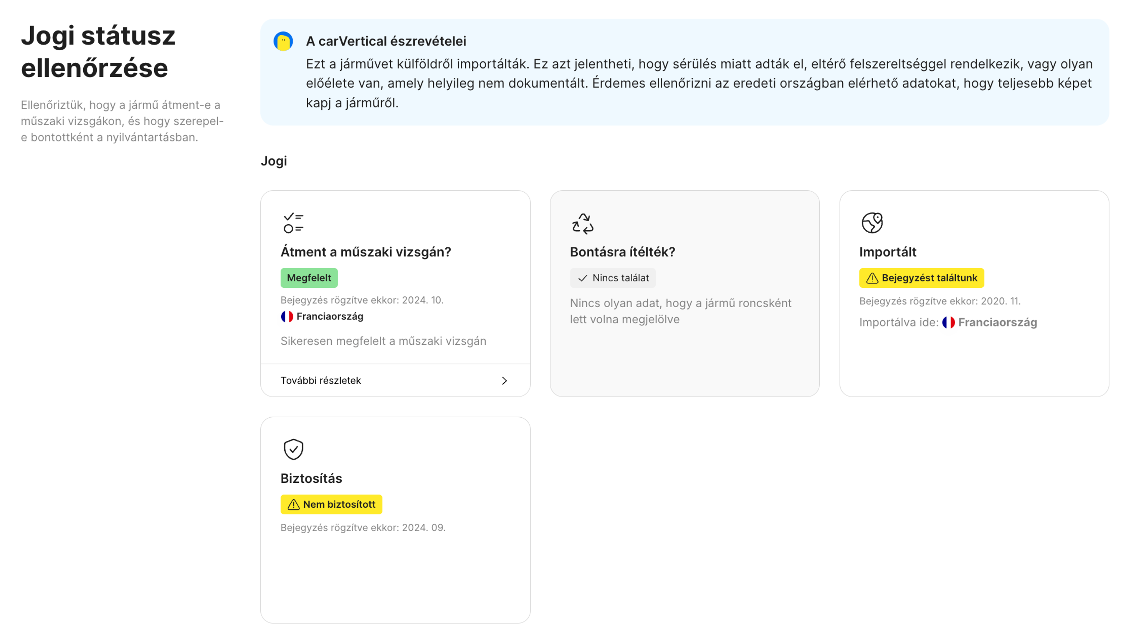 Jogi státusz funkció a carVertical jelentésben
