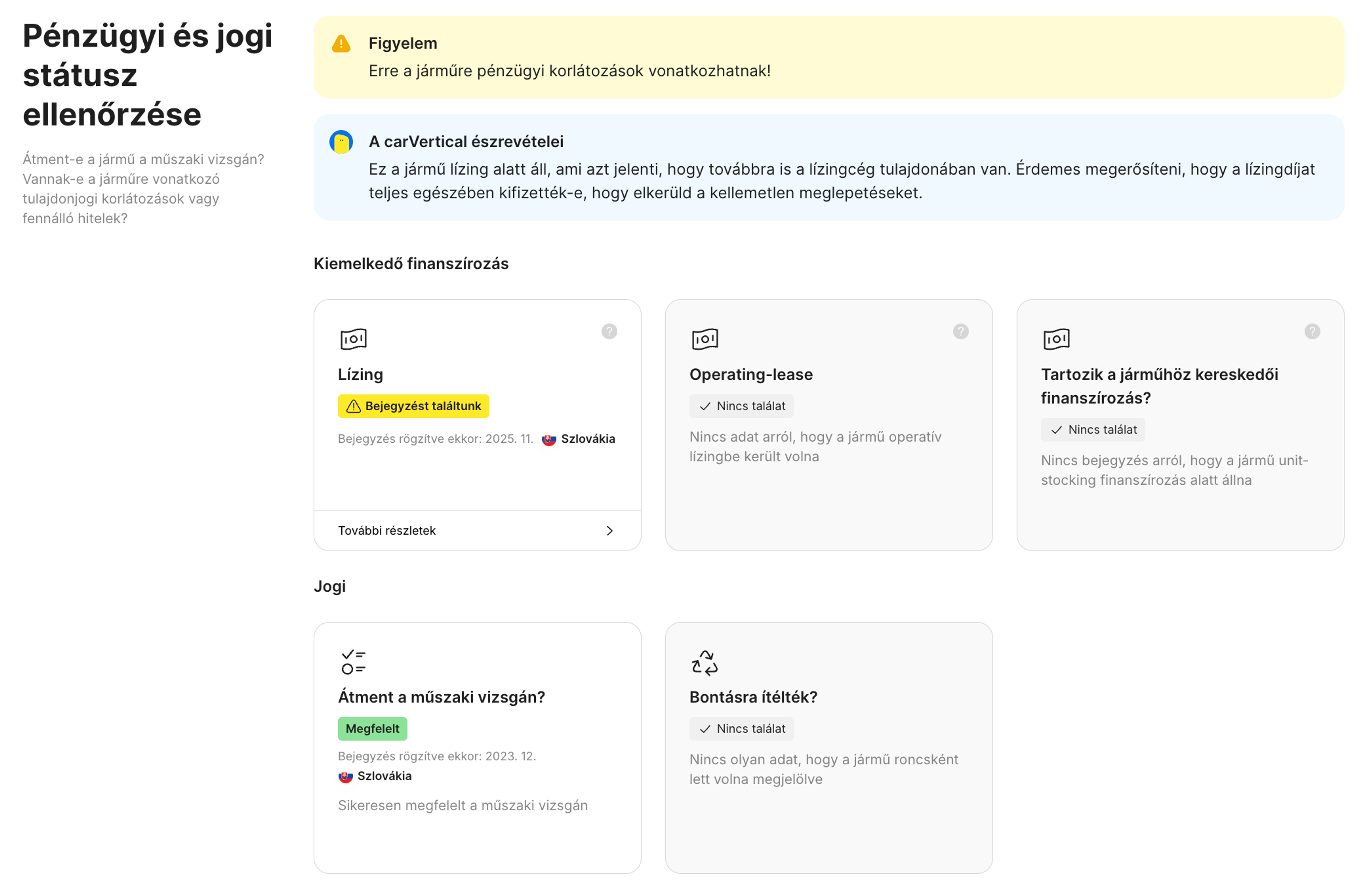Pénzügyi és jogi státusz funkció a carVertical jelentésben
