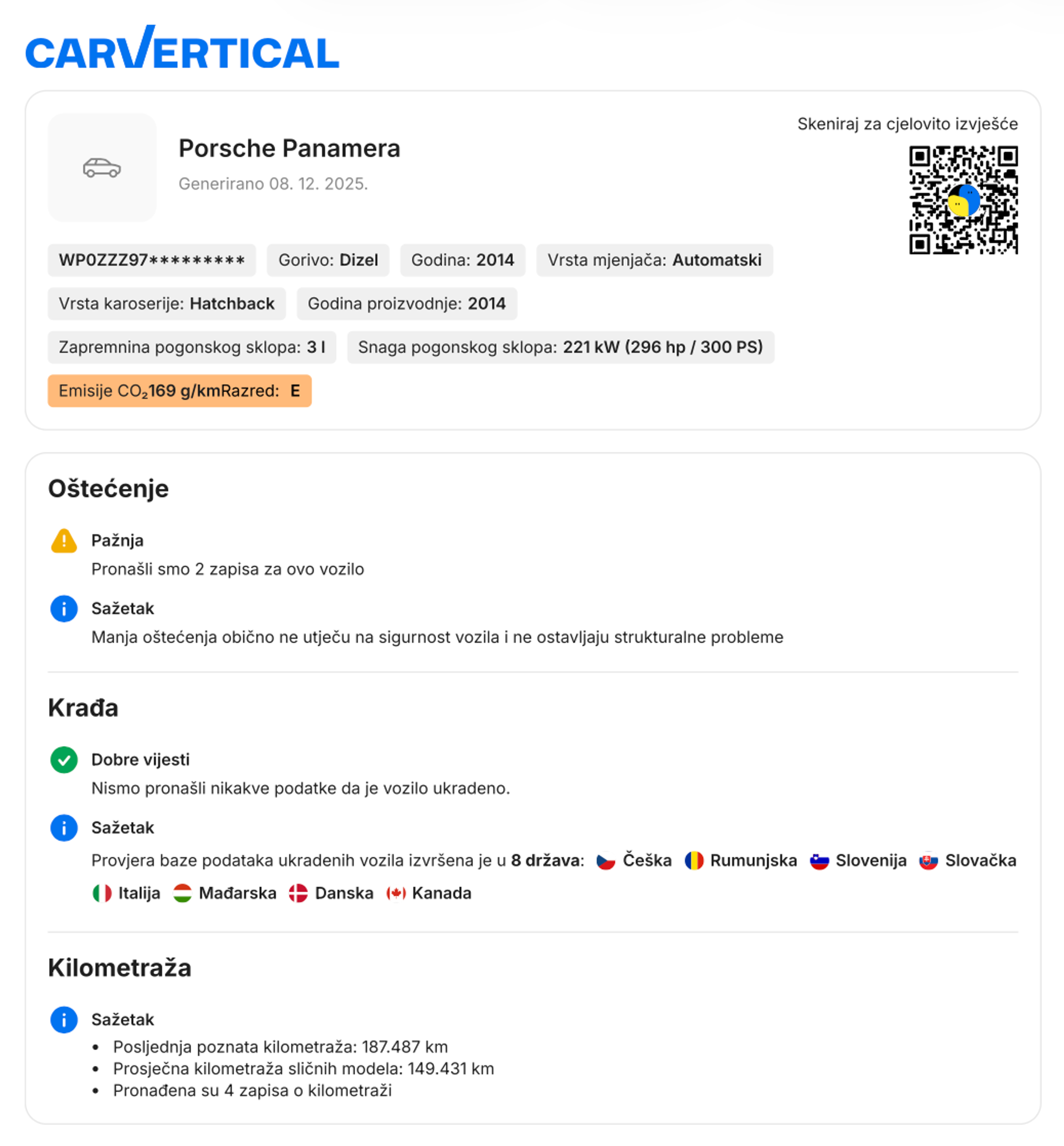 Podaci o automobilu uključeni u PDF na jednoj stranici