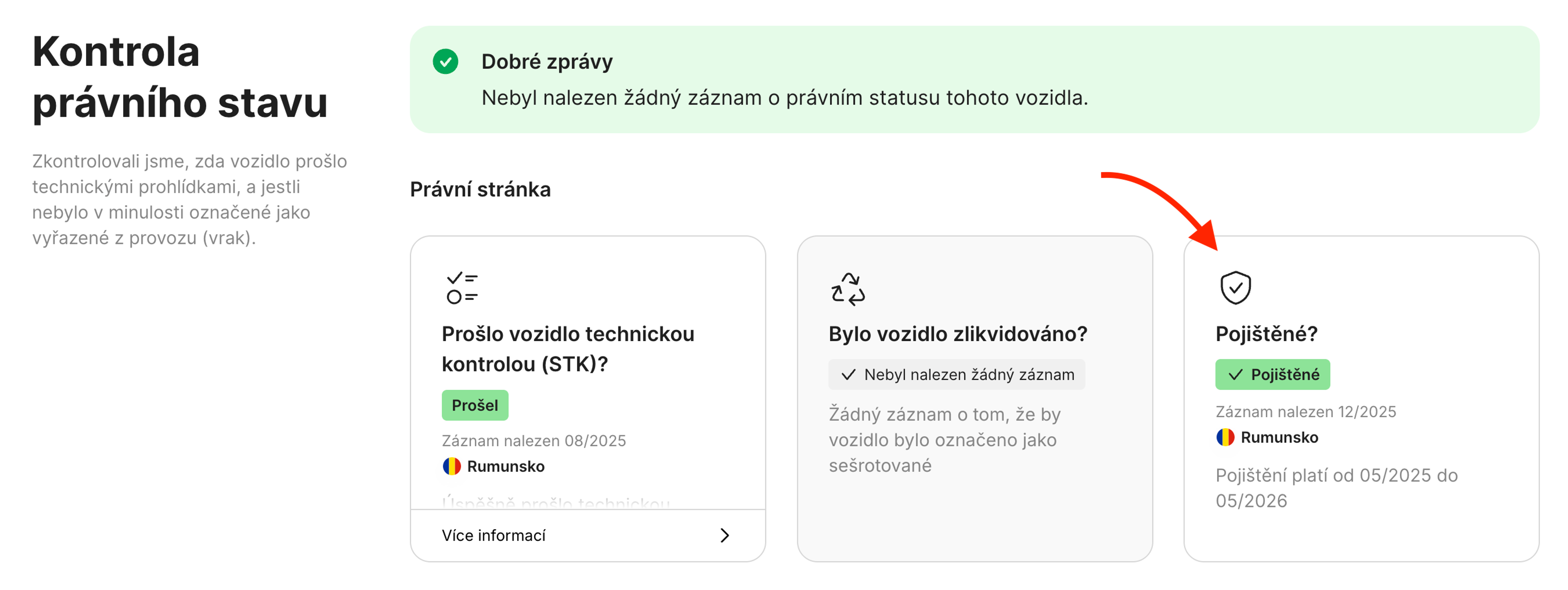 Karta Pojištění v sekci Kontrola právního stavu