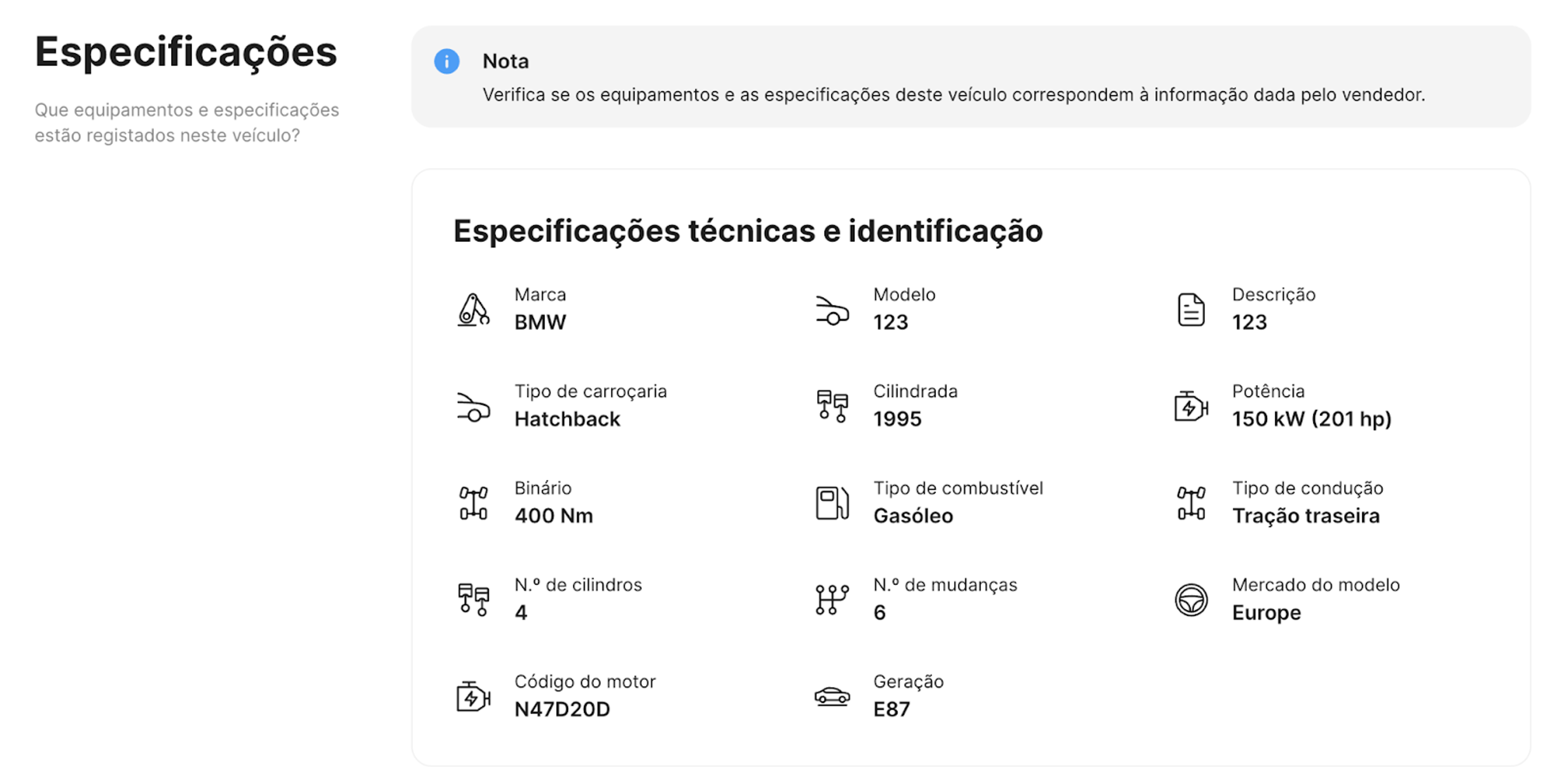 Secção que mostra as especificações originais de um veículo