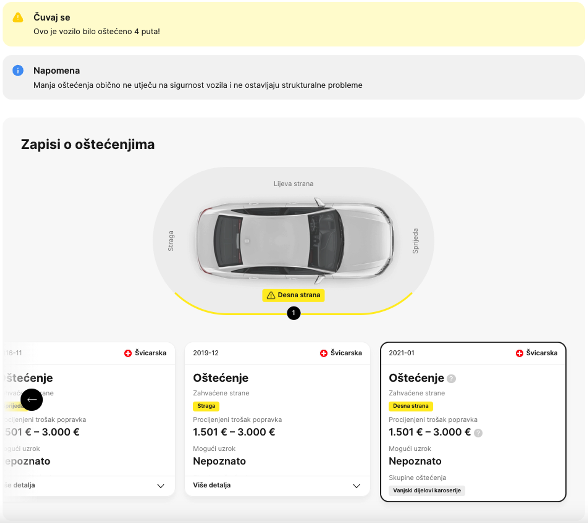 Odjeljak o oštećenjima u carVertical izvješću