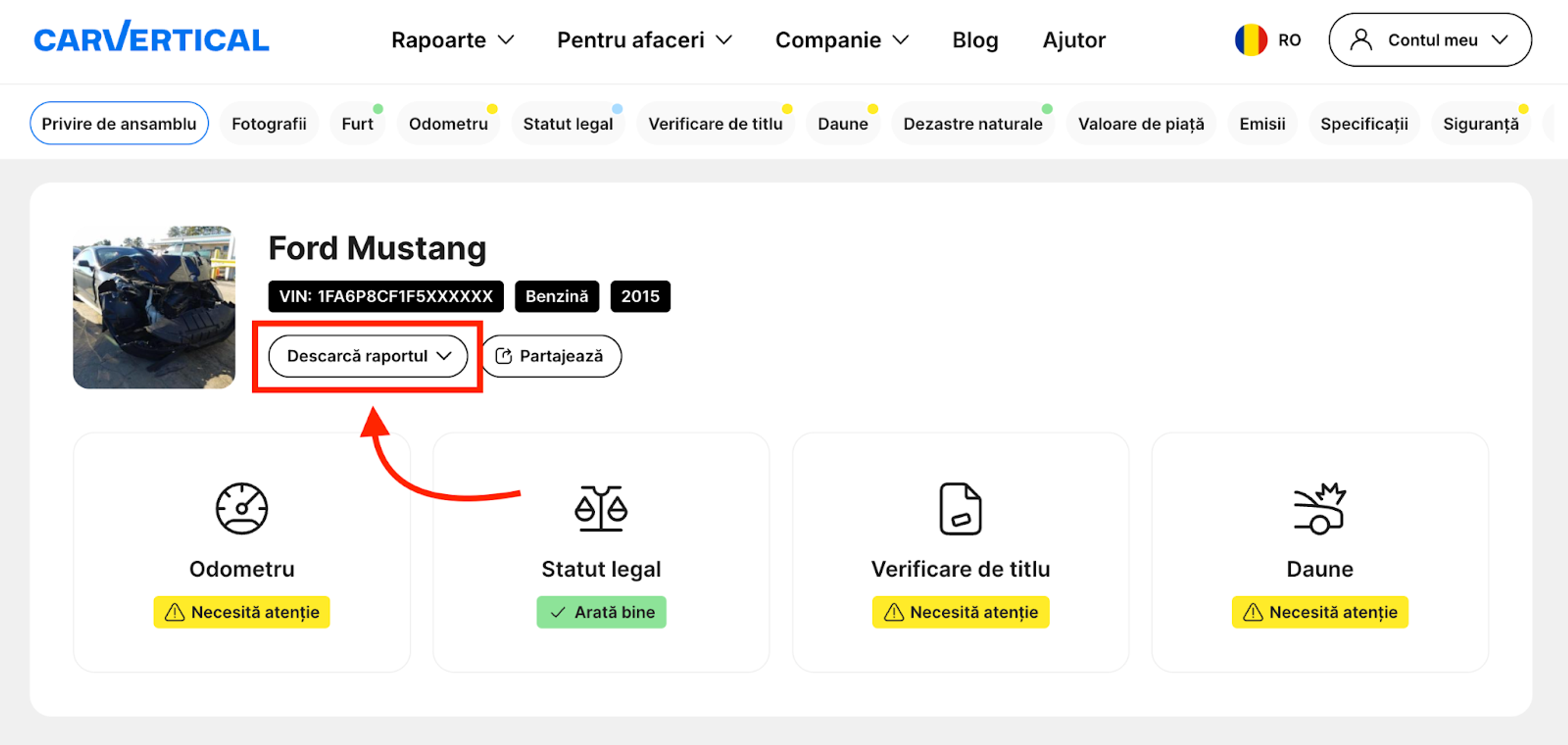 Extras dintr-un raport istoric pentru un Ford Mustang