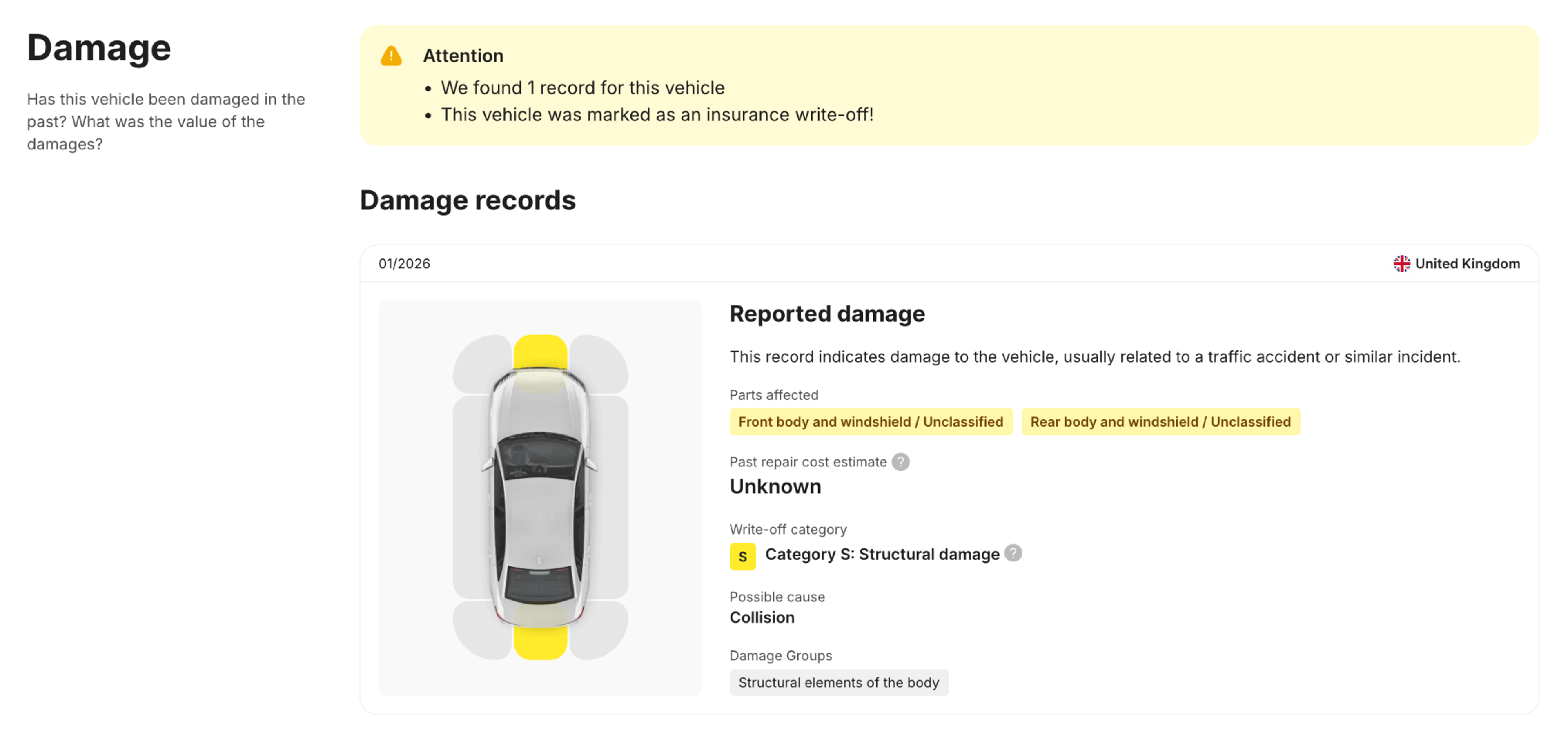 Damage records in the carVertical report