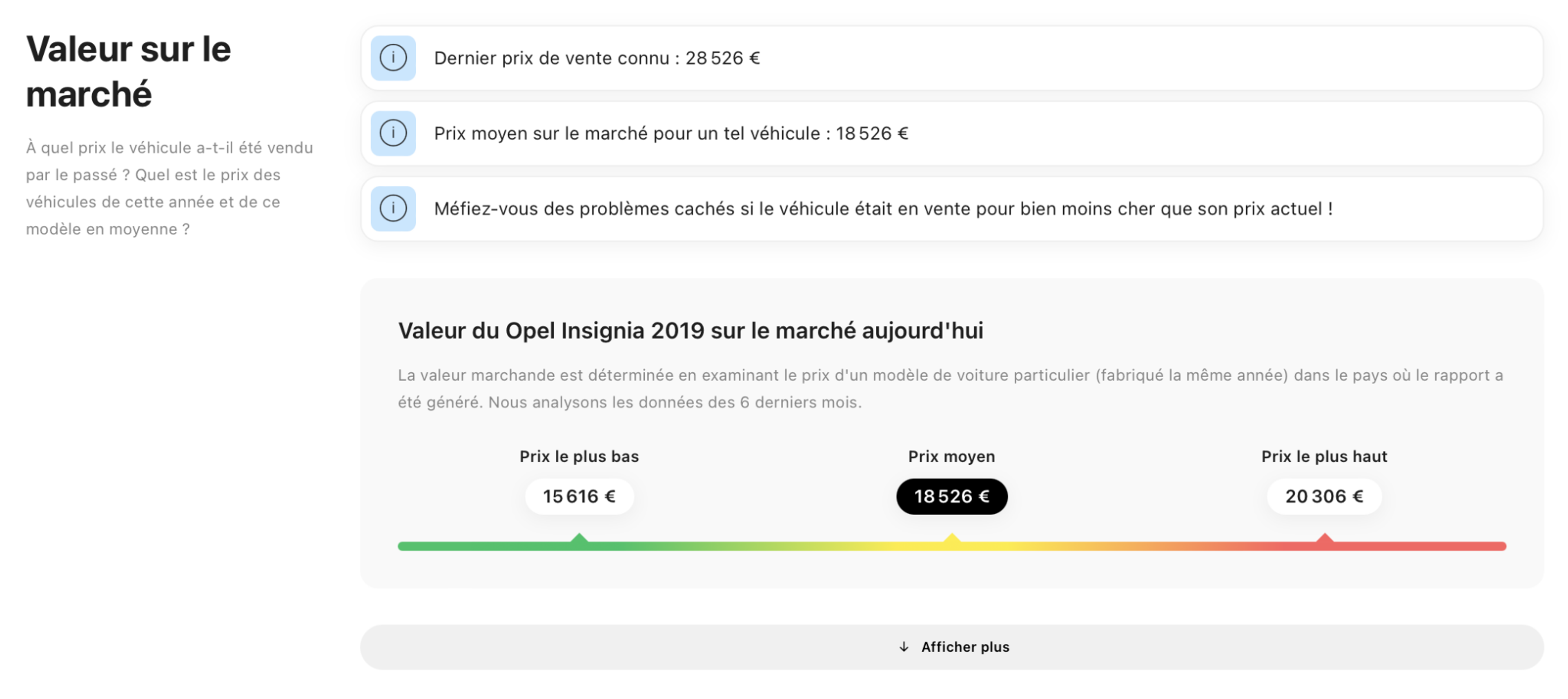 Valeur marchande de la voiture d'après la vérification de l'historique du véhicule