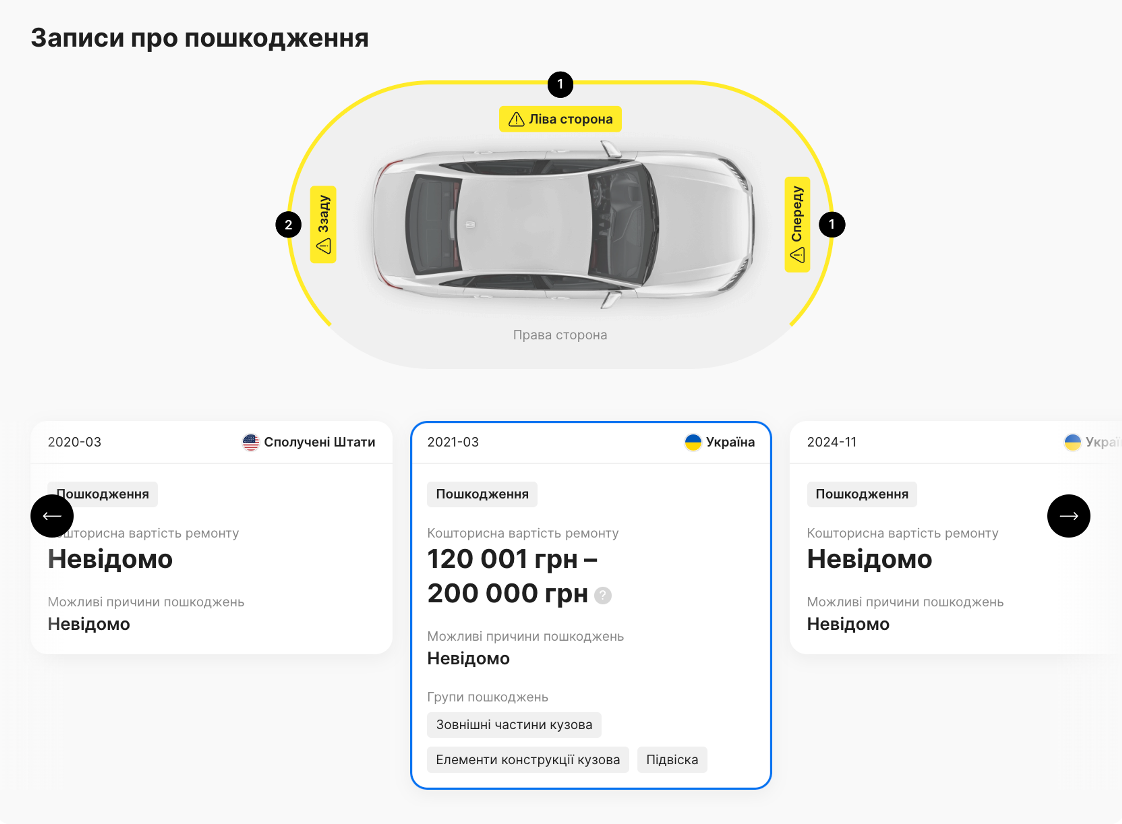 Записи про пошкодження у звіті carVertical про історію
