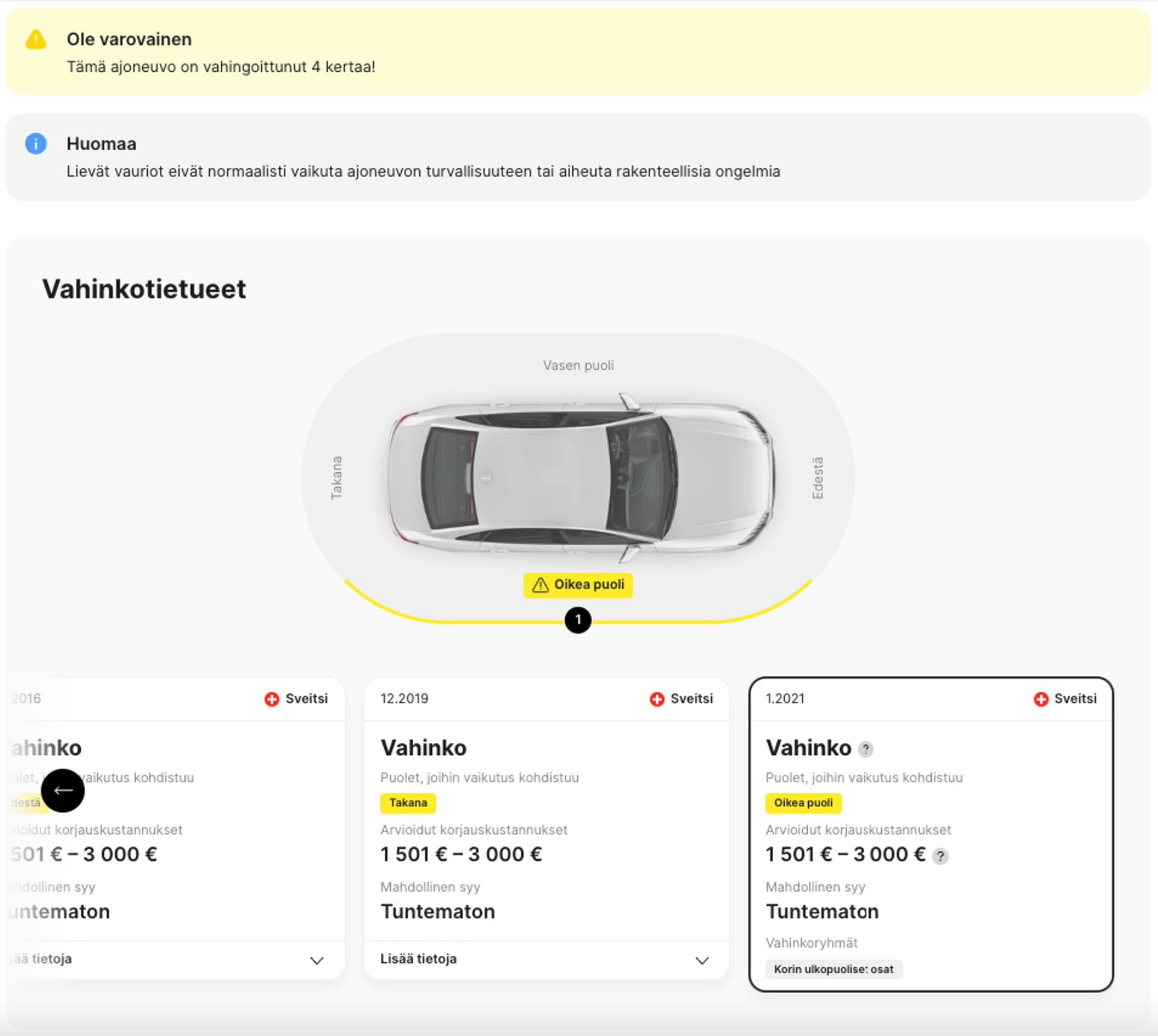 vahinkomerkintä historiaraportissa