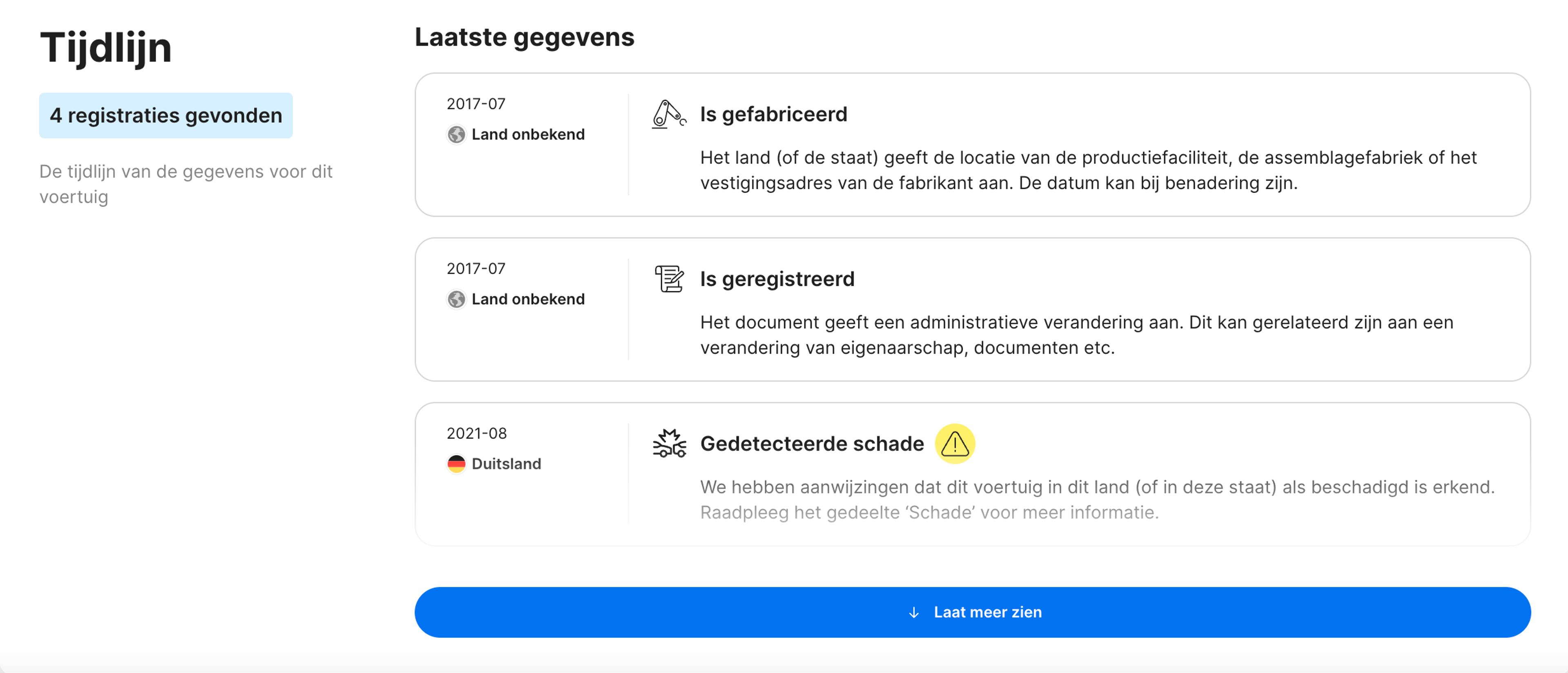 tijdlijnsectie in een carVertical-rapport