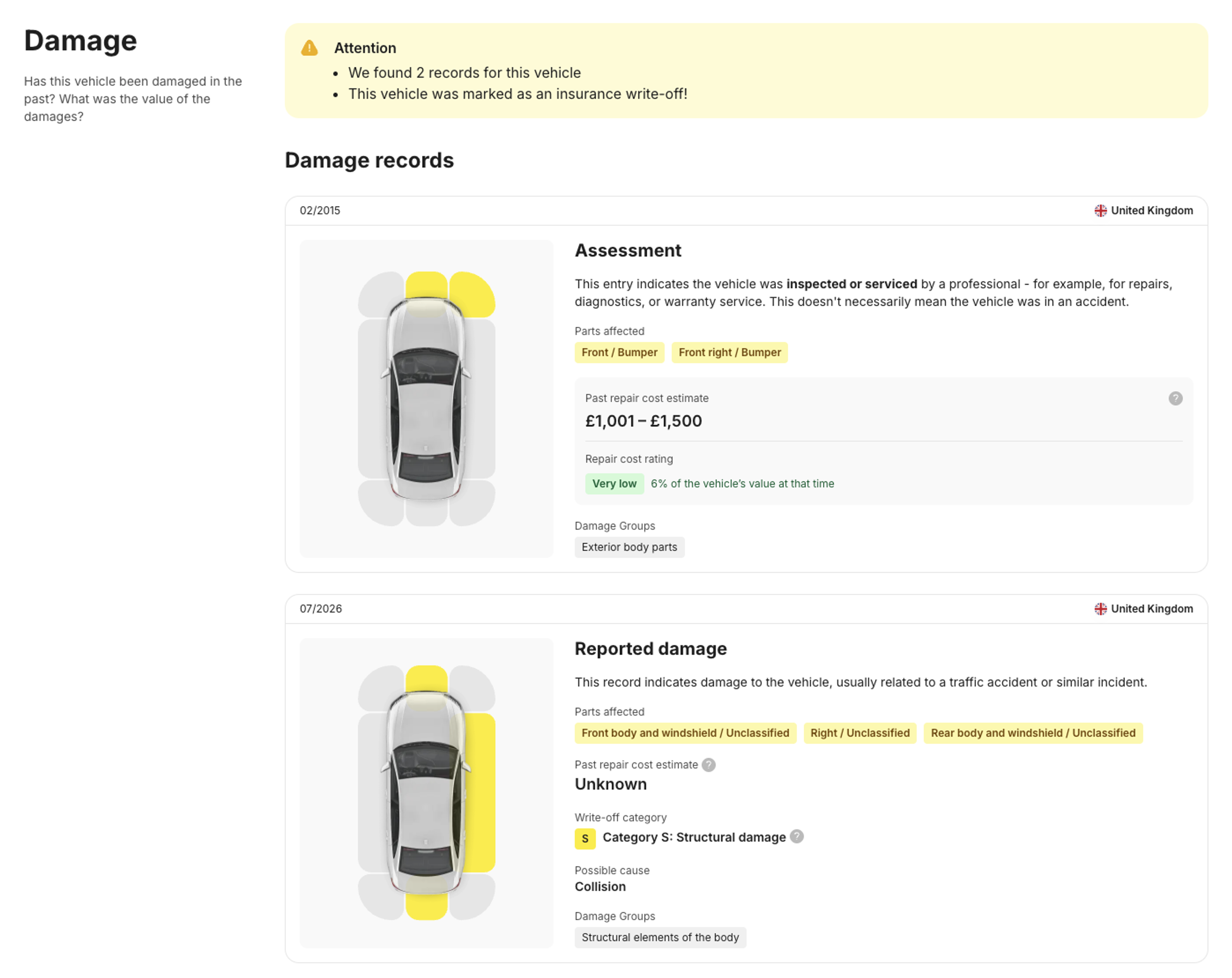 carVertical report showing damage records for a vehicle