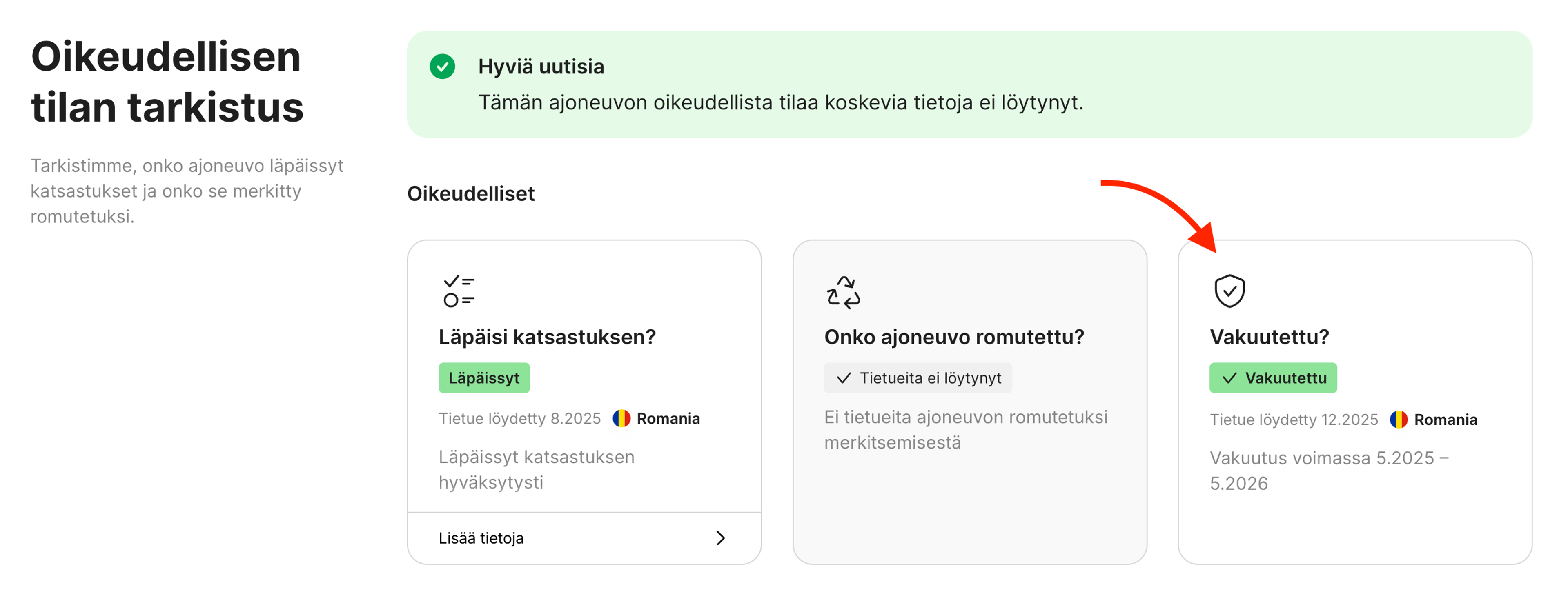 Vakuutus-osio Oikeudellisen tilan tarkistus -osiossa