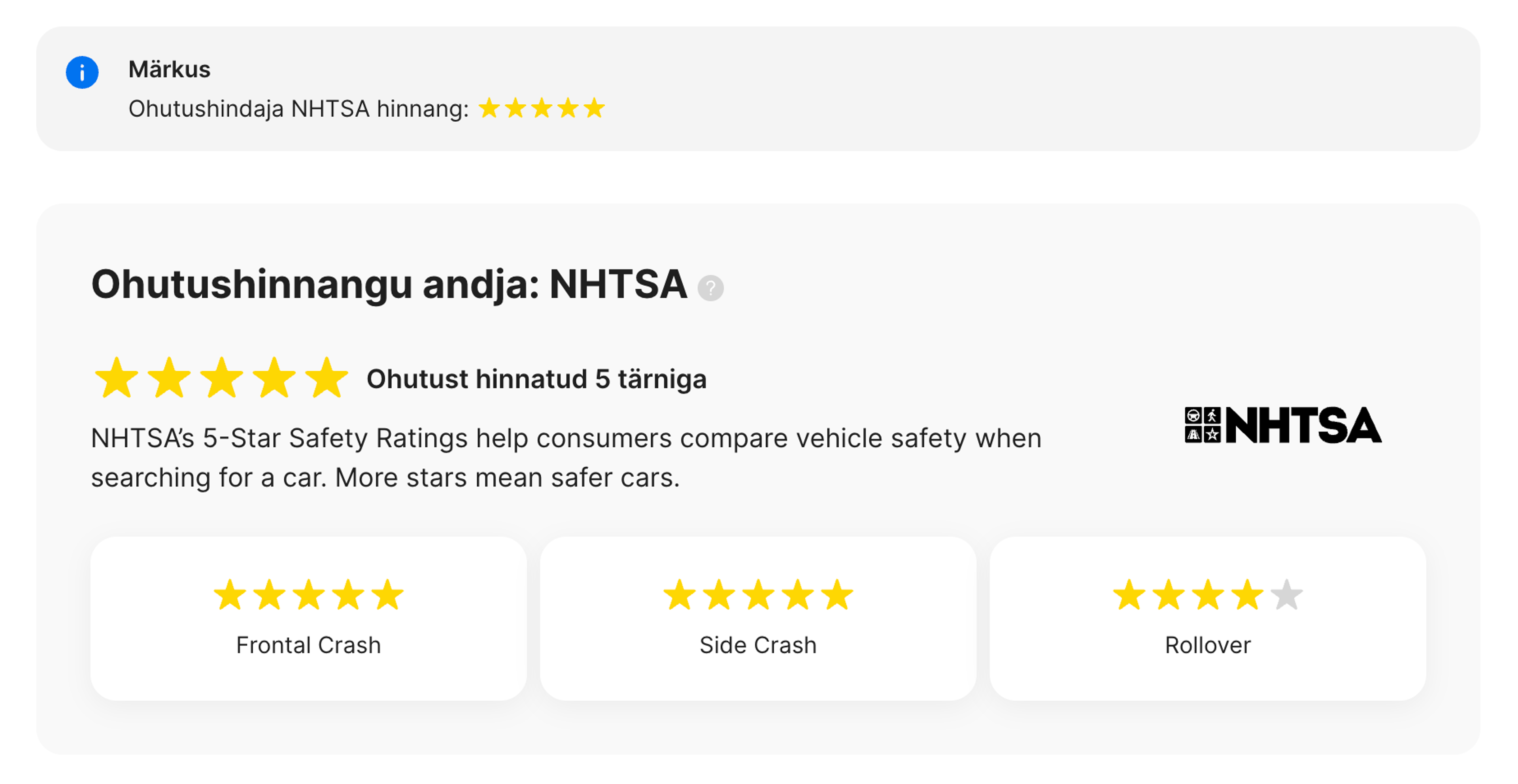 NHTSA jaotis carVerticali aruandes