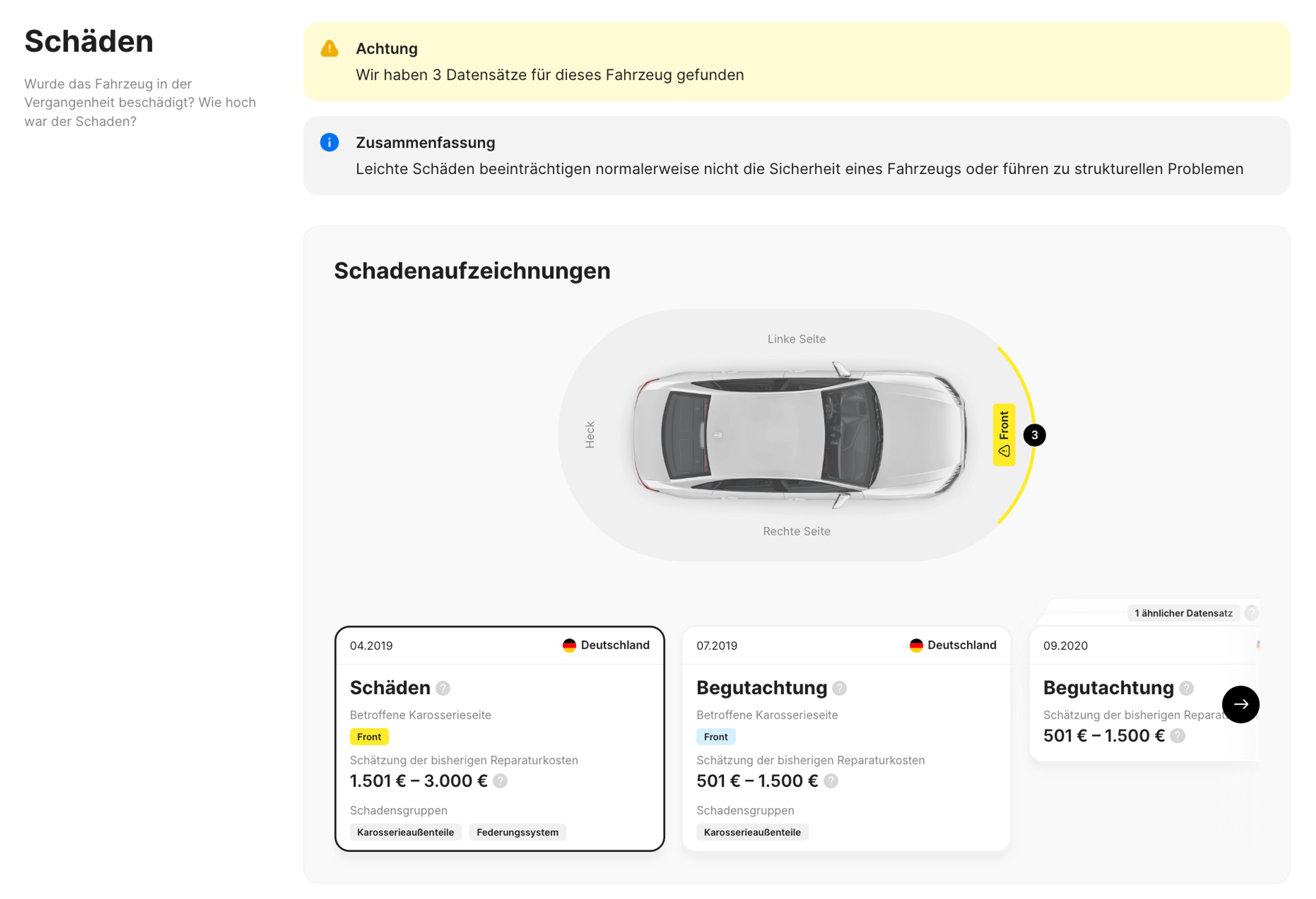 Schadeneinträge im carVertical-Fahrzeughistorienbericht