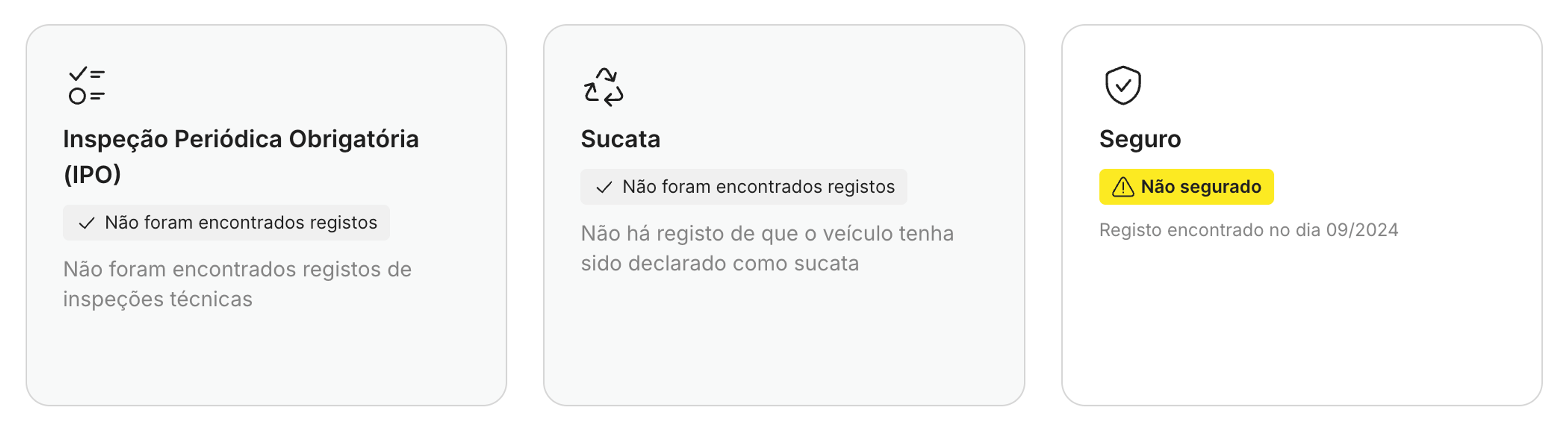 Aviso de ausência de seguro ativo num relatório da carVertical