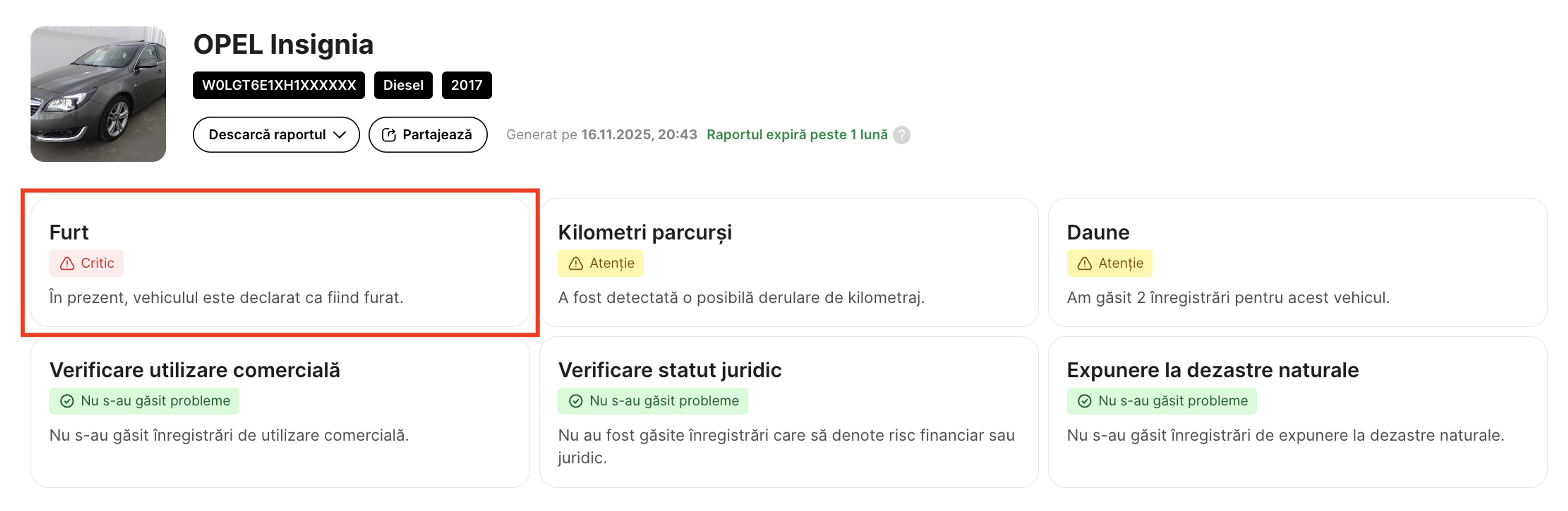 Înregistrare de furt dintr-un raport de istoric