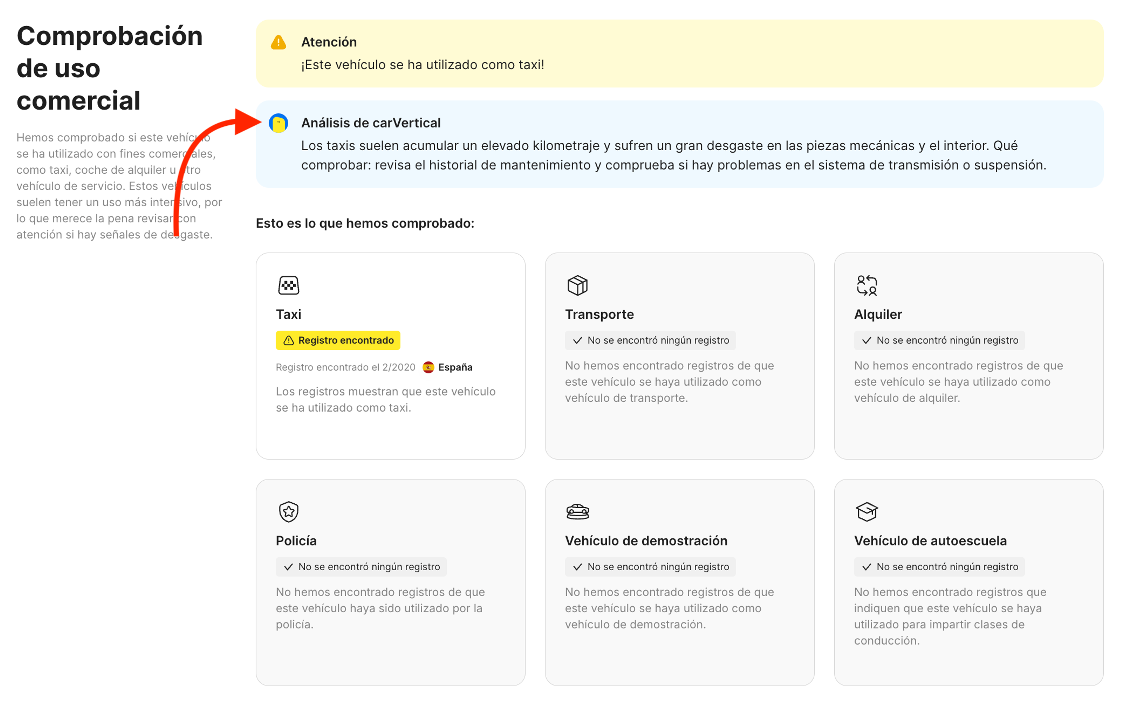 Análisis de carVertical en la sección Comprobación de uso comercial