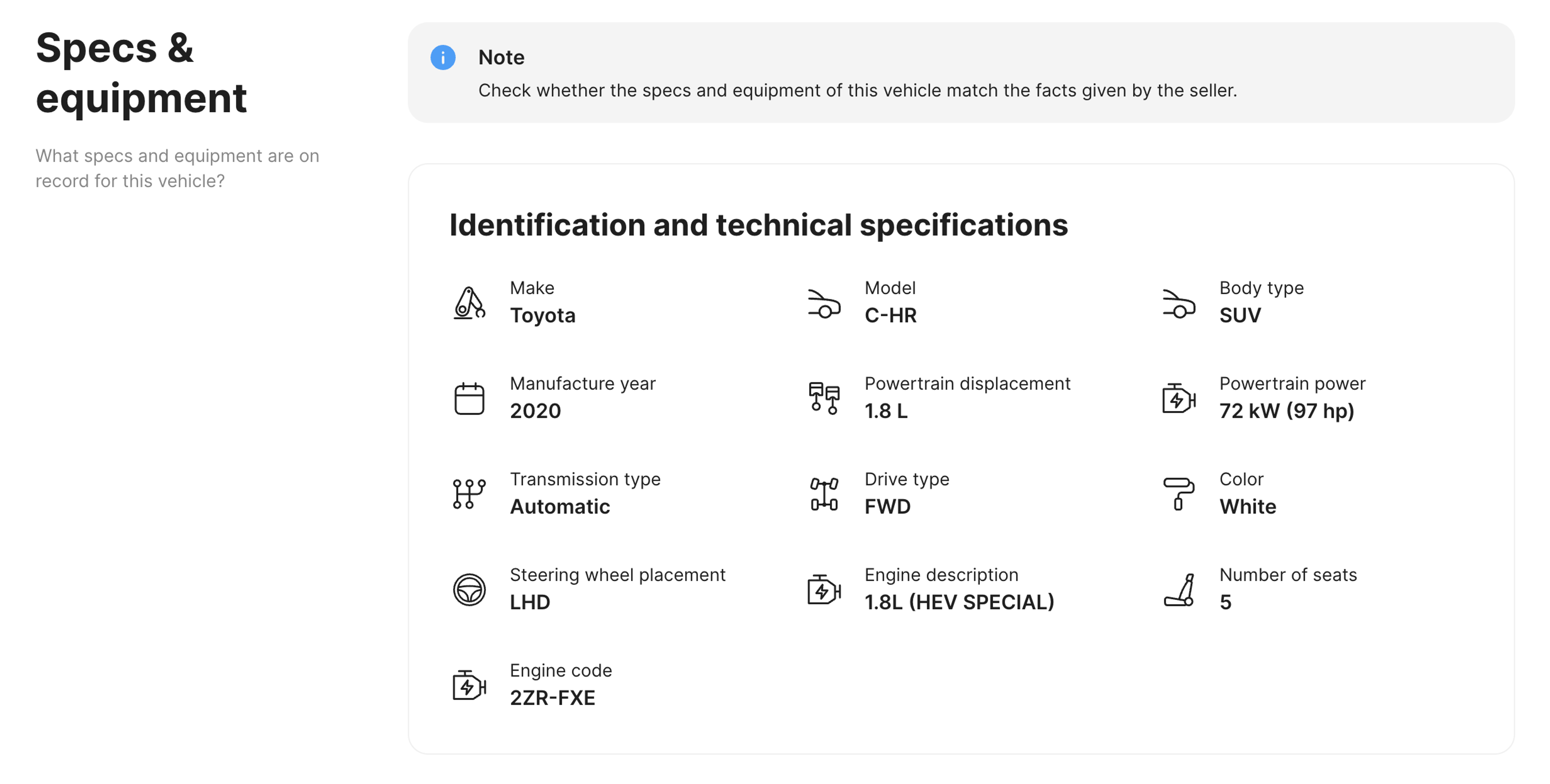 Vehicle specifications in a carVertical vehicle history report