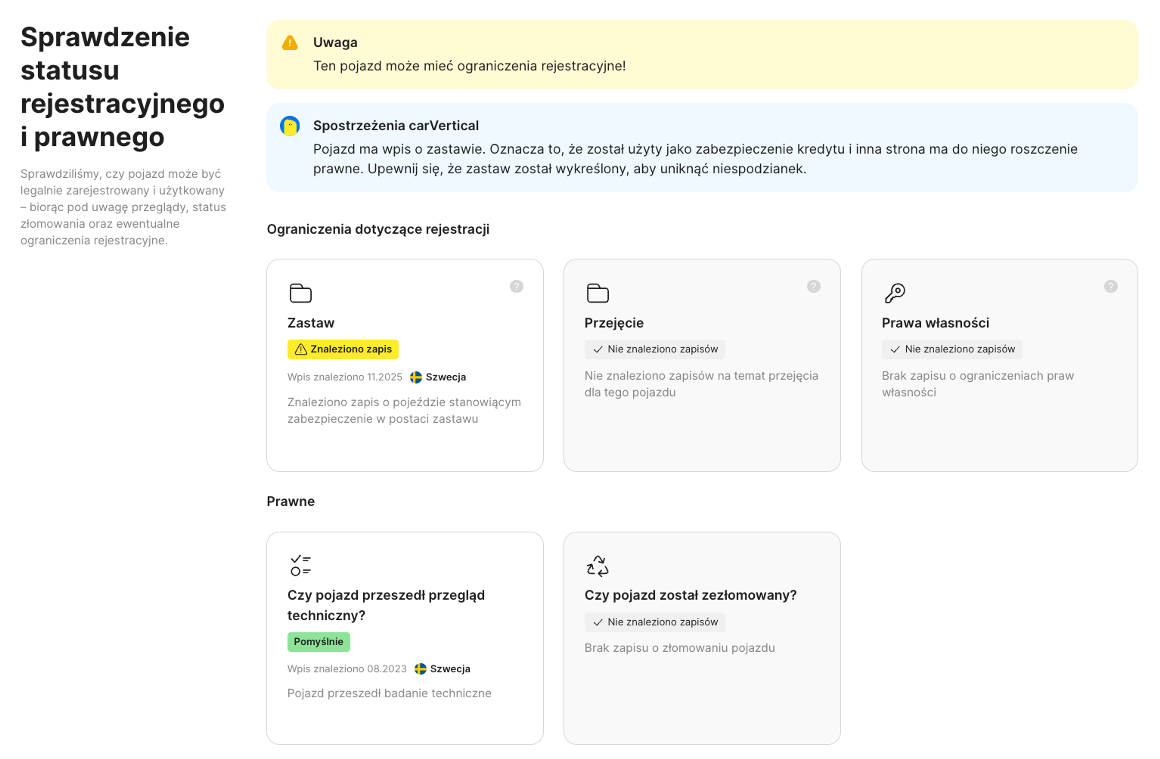 Informacje o rejestracji i statusie prawnym w raporcie carVertical