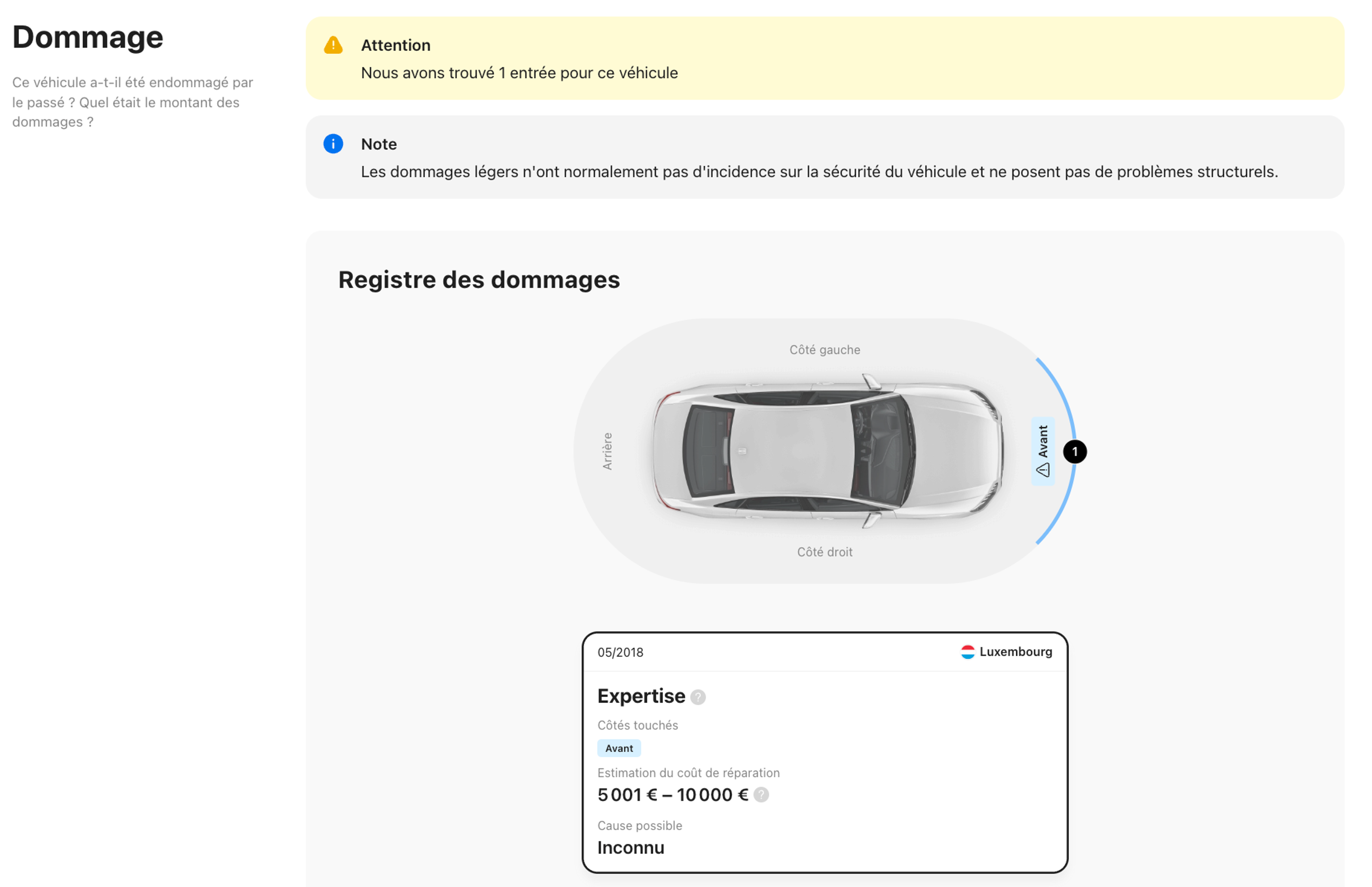 section dommages dans le rapport « carVertical »