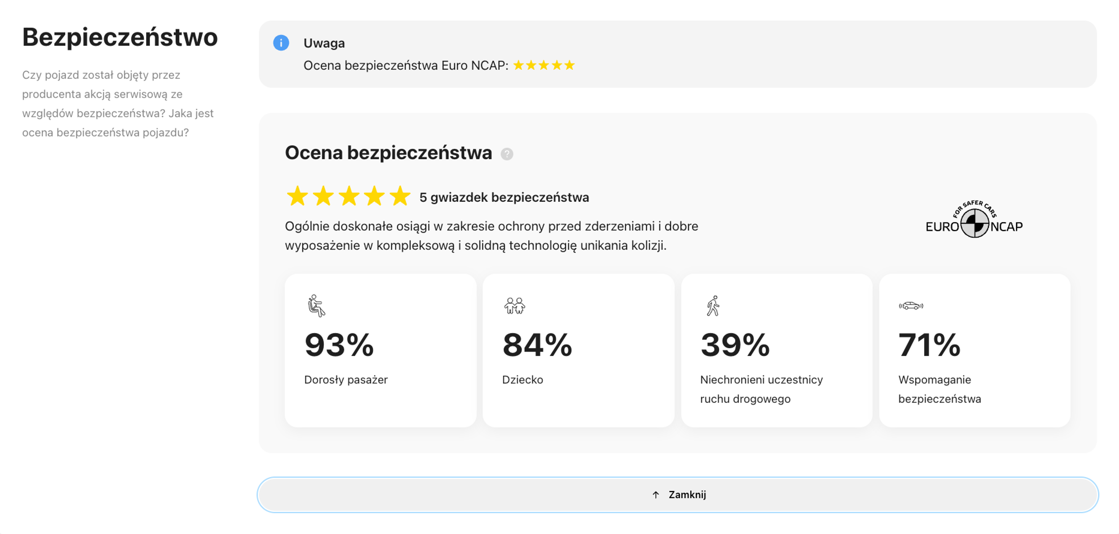 Sekcja bezpieczeństwa w raporcie historii pojazdu carVertical